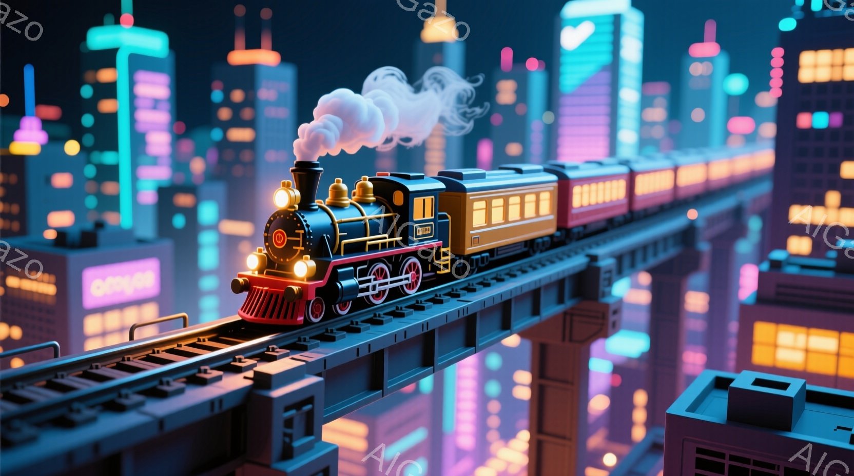 鮮やかなネオンカラーの未来都市を走る蒸気機関車が描かれています。機関車は赤と黄色のストライプで装飾され、煙を上げながら高架線路を進行しています。背景には幾何学的な形状の建物が立ち並び、夜の都市の活気ある雰囲気を醸し出しています。