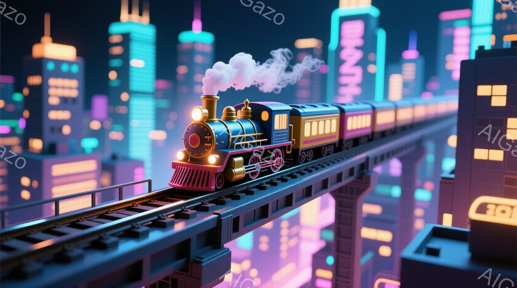 鮮やかなネオンカラーの未来都市を走る蒸気機関車が描かれています。機関車は青色を基調とし、金色の装飾が施され、煙突からは白い蒸気が立ち上っています。背景には幾何学的なデザインのビル群が立ち並び、幻想的でレトロフューチャーな雰囲気を醸し出しています。