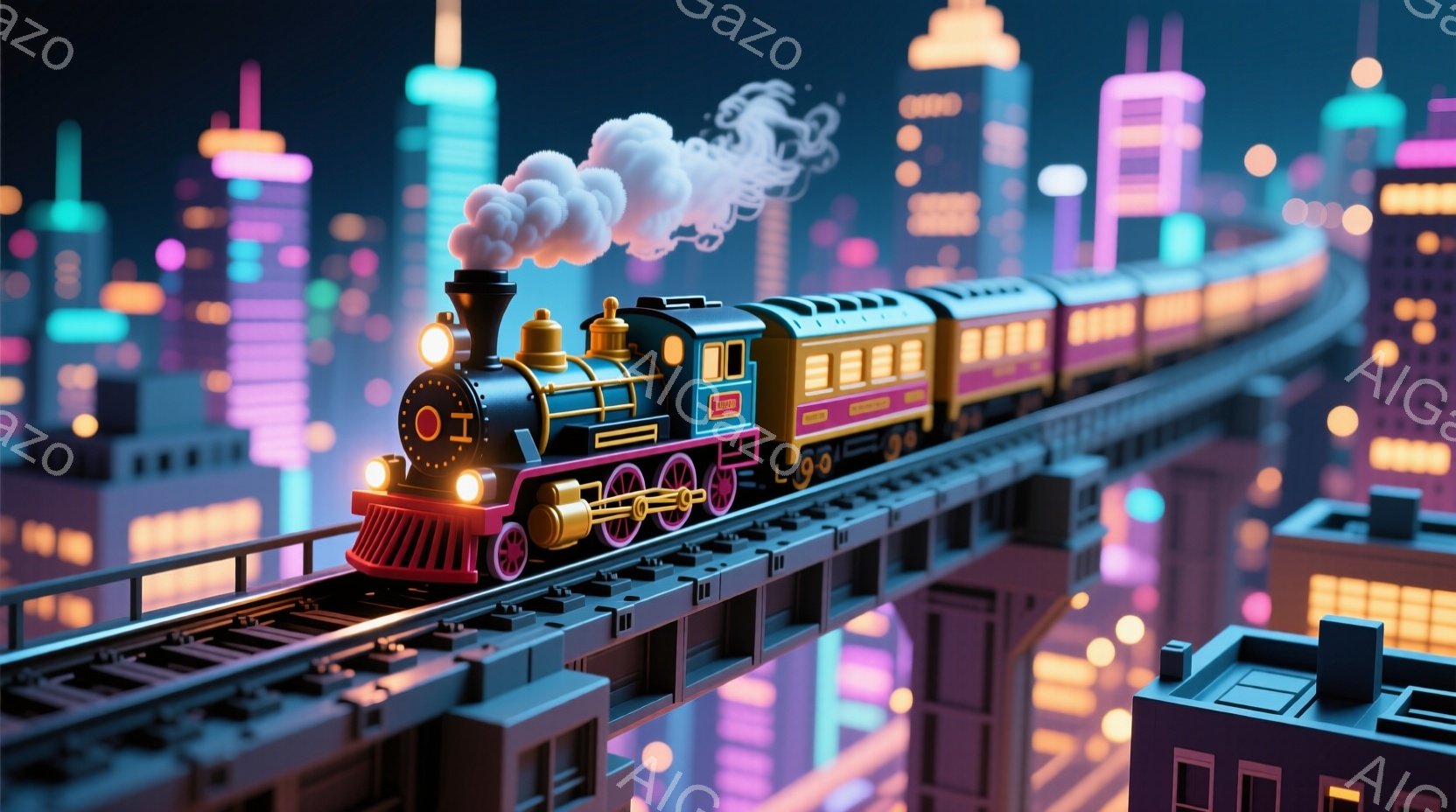 夜空を背景に、カラフルな蒸気機関車が線路の上を走っている様子が描かれている。建物は角ばった形状でネオンカラーに輝き、未来的な都市景観を形成している。蒸気機関車からは白い煙が立ち上り、鮮やかな色彩と幾何学的なデザインが、独特のレトロフューチャーな雰囲気を醸し出している。
