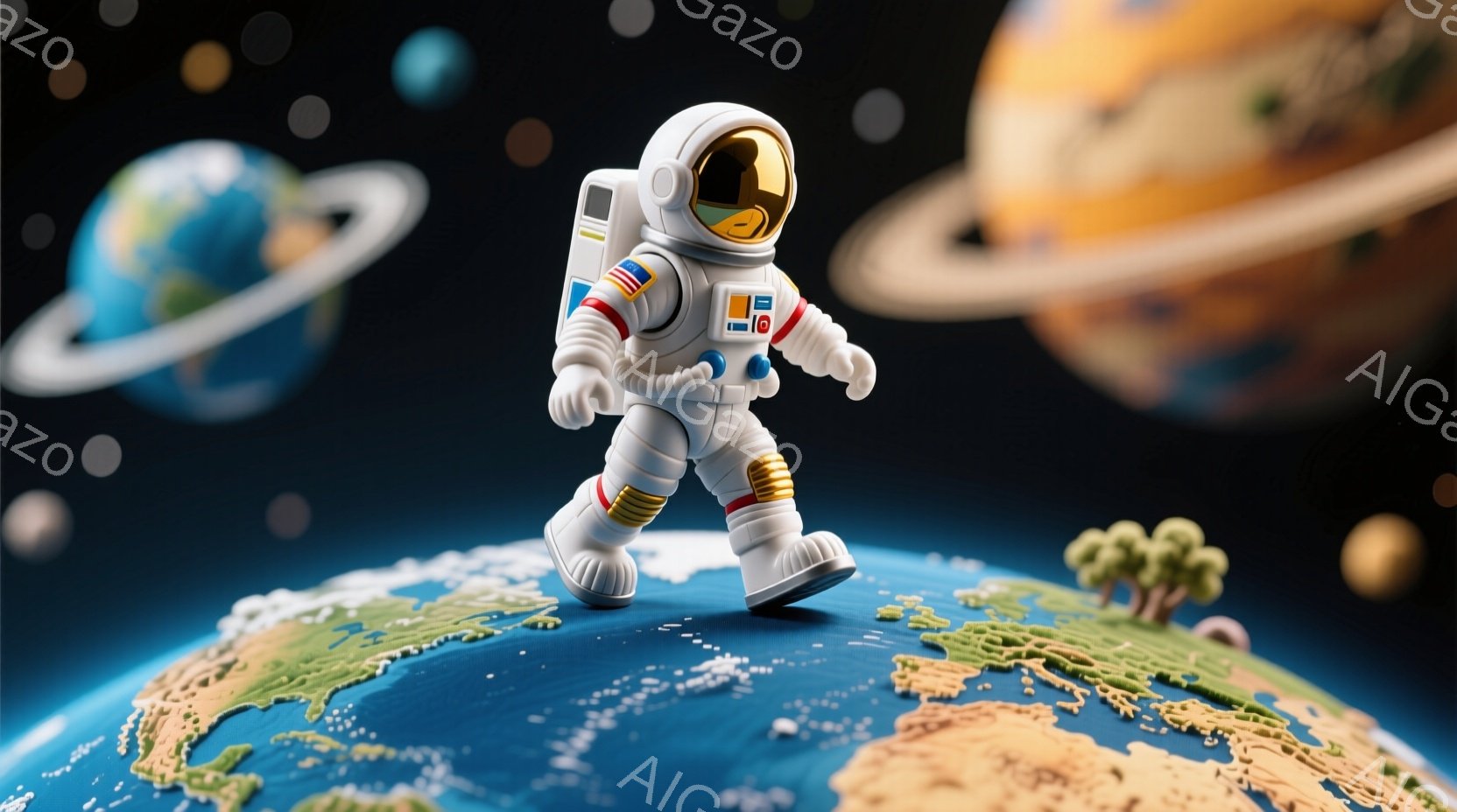 地球の表面に立つ宇宙飛行士が描かれています。宇宙飛行士は白い宇宙服とヘルメットを着用し、地球を見下ろすような姿勢で歩いています。背景には、地球、他の惑星、そして星々が散りばめられており、宇宙の壮大さを表現しています。