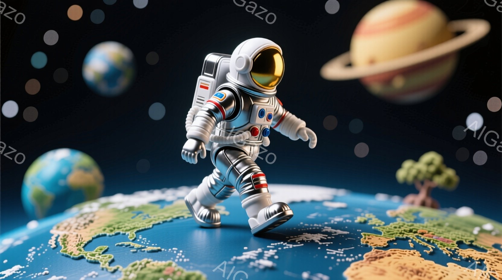 宇宙飛行士が地球儀の上を歩いている様子が描かれています。白い宇宙服に身を包み、金色のバイザーから顔が見えません。背景には、他の惑星と星々が浮かび、ミニチュアのような可愛らしい世界観を作り出しています。