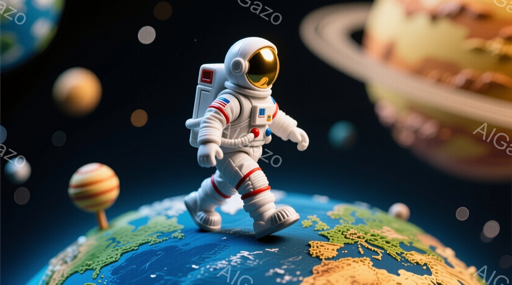 宇宙飛行士が地球儀の上を歩いている様子が描かれています。白を基調とした宇宙服を身につけ、ヘルメットの中はオレンジ色で、表情は読み取れません。背景には様々な惑星と白い点々が散りばめられており、幻想的で遊び心のある雰囲気を醸し出しています。