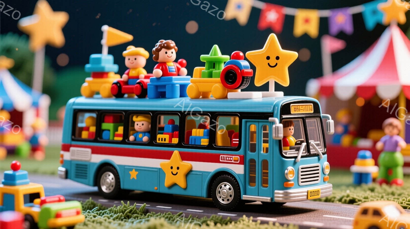 青いレトロなバスが、カラフルなブロックでいっぱいです。運転手は赤い帽子をかぶり、笑顔で運転しています。背景には遊園地のテントや、積み木で作られた人々がおり、全体的に明るく楽しい雰囲気です。