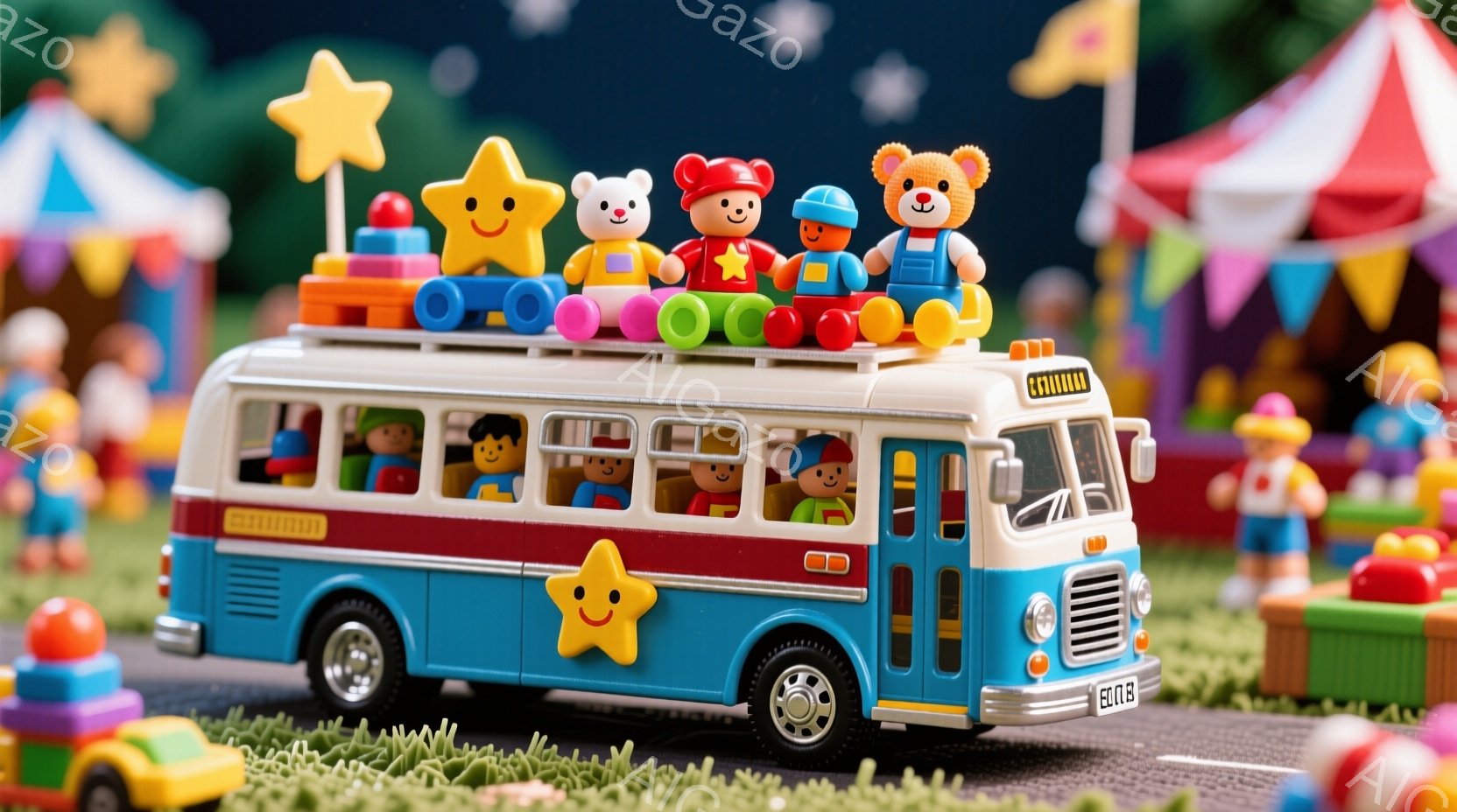 カラフルなミニチュアのバスが、緑色の芝生の上に止まっています。バスの上には、テディベアや人形が乗り、それぞれ異なる色の帽子をかぶっています。背景には、サーカスのようなテントやカラフルなブロックが見え、楽しい雰囲気の遊園地を連想させます。