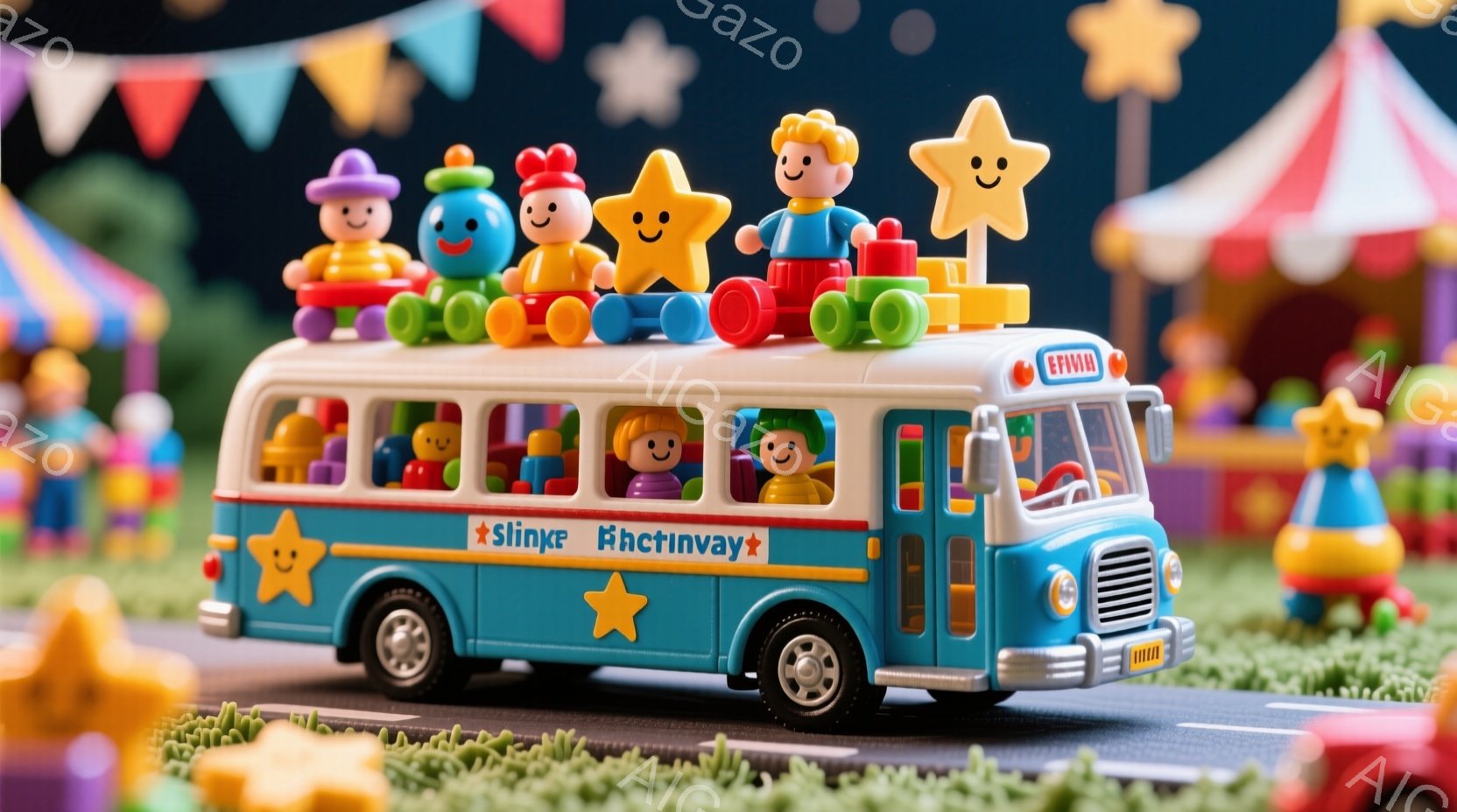 青いミニチュアのスクールバスが、緑の芝生の上に置かれた道路を走っている。バスの上には、カラフルなブロックで作られた笑顔のキャラクターたちが積み重ねられており、楽しげな雰囲気を醸し出している。背景には、 - AI生成フリー素材