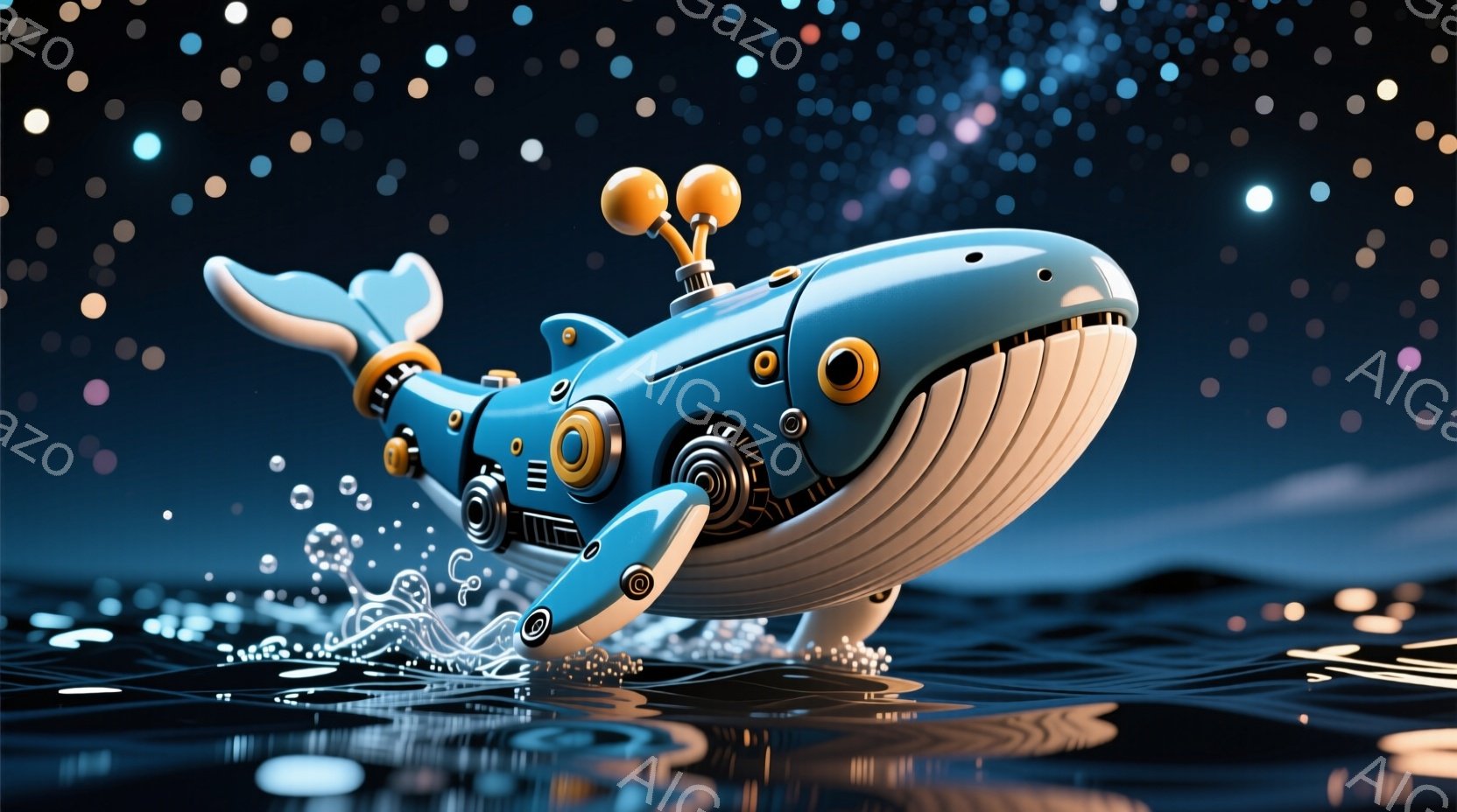 深い青色の機械仕掛けのクジラが、波しぶきを上げながら水面を跳ねています。クジラは、様々な金属製の部品や歯車で構成されており、頭部にはアンテナのようなものが取り付けられています。背景は暗い海で、小さな光の粒が星のように輝き、幻想的な雰囲気を醸し出しています。