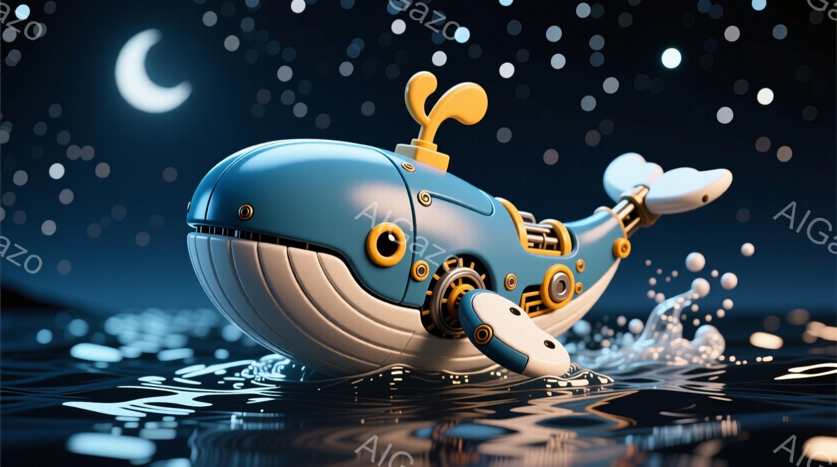 深い青色の、機械仕掛けのようなクジラが水面から飛び出している様子が描かれています。クジラは、明るい黄色の小さなヒレと、目のような装飾がついており、体には複雑な歯車やパイプが組み込まれています。背景は暗く、多数の白い点が星のように散りばめられており、水面にはクジラが跳ねたことで生じる波紋が広がっています。