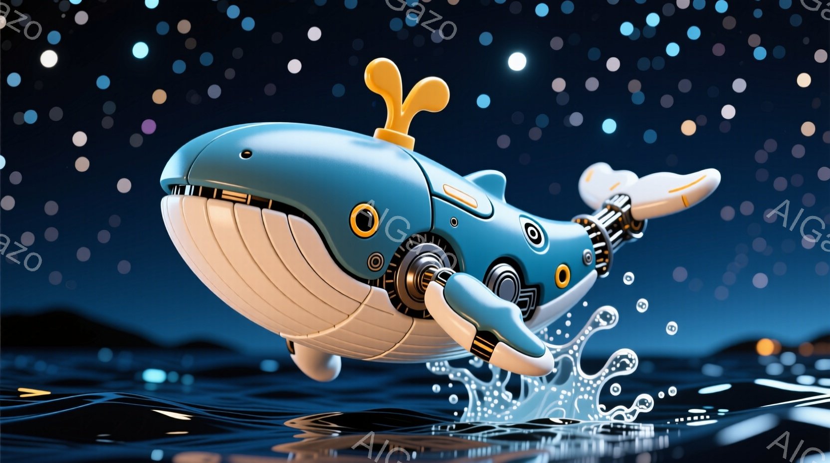 深い青色の、メカニカルなクジラが水面から飛び出している様子が描かれています。体は関節で構成されたロボットのような構造で、頭にはアンテナのようなものがついています。背景は夜空で、水面には星が反射し、穏やかで幻想的な雰囲気を作り出しています。
