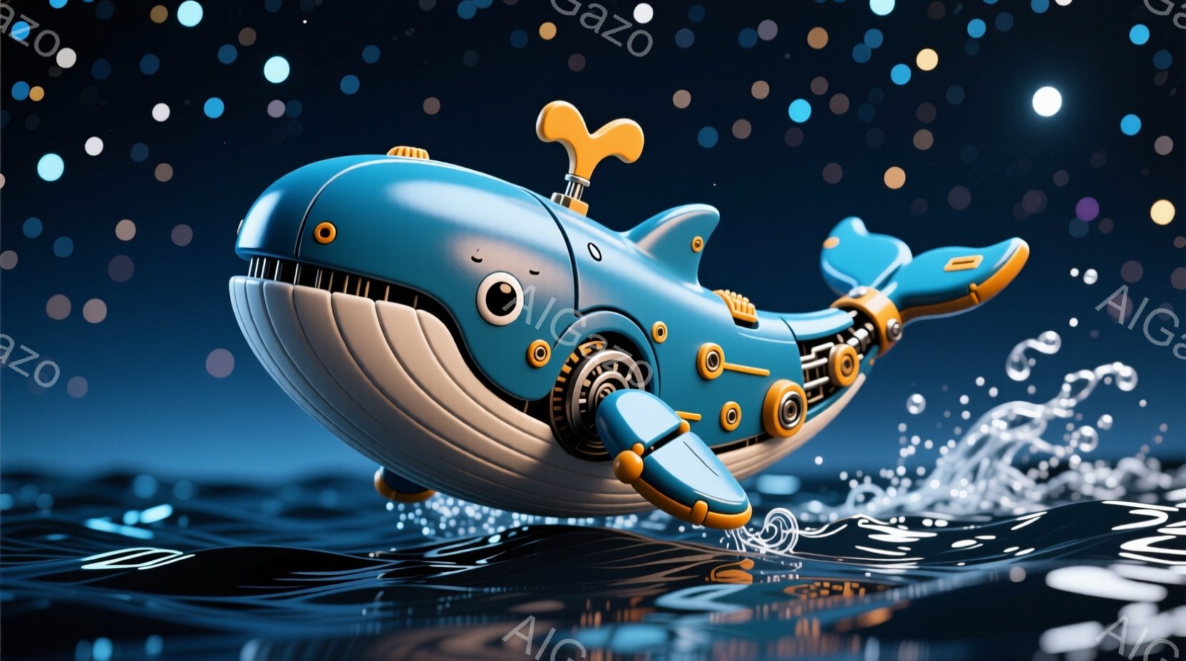 深い青色の機械仕掛けのクジラが、水面から飛び出している様子が描かれています。クジラは、関節のようなオレンジ色の部分で構成され、頭部には小さなプロペラが付いています。背景は夜空で、水面には光の反射と水しぶきがあり、幻想的な雰囲気を醸し出しています。