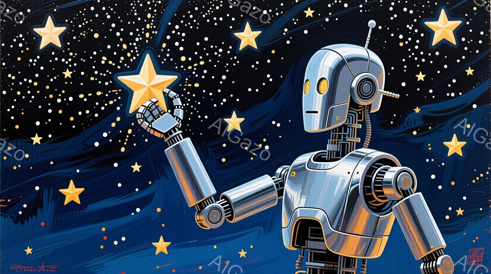 鮮やかな紺碧の背景に、銀色のロボットが星を一つ手に持ち、上を見上げています。ロボットは流線形の体型で、頭部には赤い発光体が光っており、関節部分には詳細なメカニカルな構造が見られます。背景には大小さまざまな星が散りばめられ、夢見がちな、未来的な雰囲気を醸し出しています。