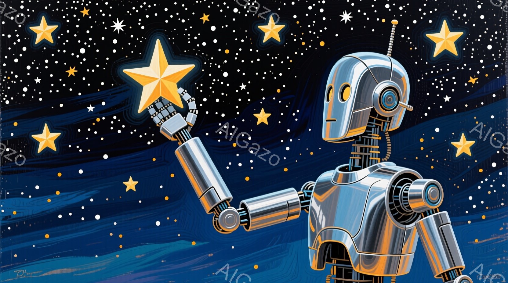 鮮やかな青色の背景に、銀色のロボットが描かれています。ロボットは片手を伸ばし、金色の大きな星を握りしめています。背景には大小様々な星が散りばめられ、幻想的な雰囲気を醸し出しています。 - AI生成フリー素材