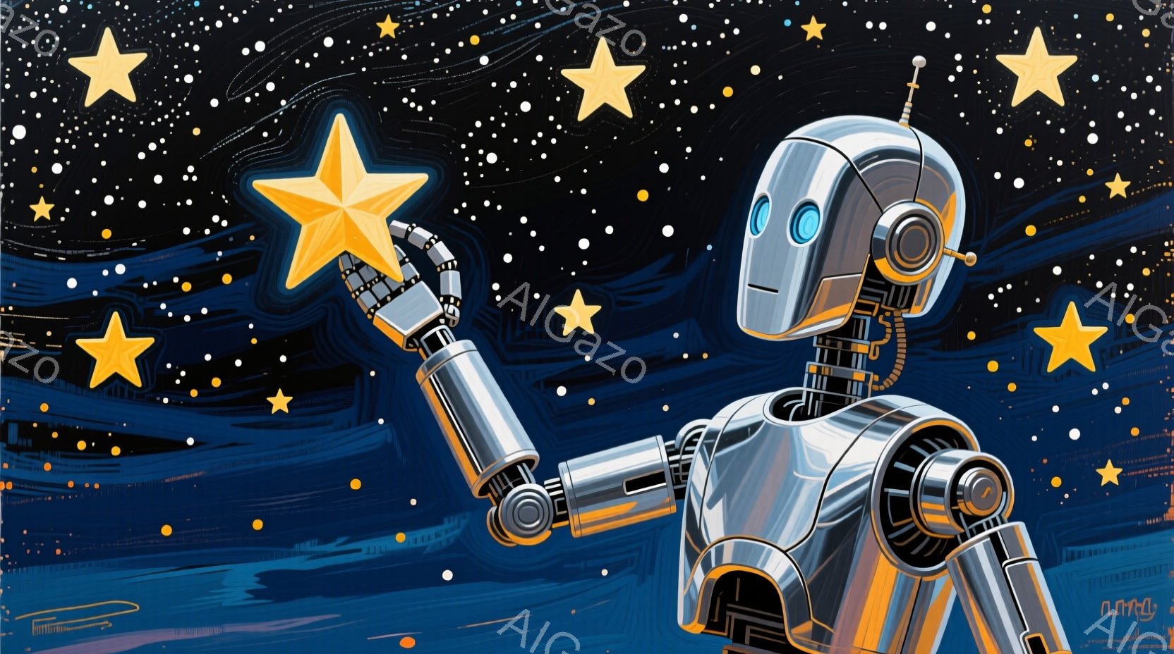 青色の背景に輝く星々が散りばめられた中で、銀色のロボットが片手を伸ばし、金色の星をつかんでいる様子を描いています。ロボットは丸みを帯びた頭部と、複雑な構造の腕を持ち、どこか懐かしいレトロな雰囲気を醸し出しています。全体的に夢幻的で、希望に満ちた雰囲気が感じられます。
