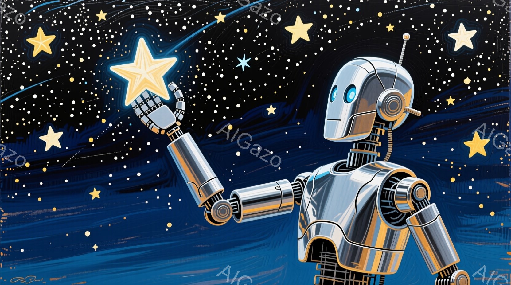 鮮やかな青色の背景に、銀色のロボットが描かれています。ロボットは片手を伸ばし、星の形をした光る物体を掴んでいます。背景には大小さまざまな星が散りばめられており、未来的な宇宙空間を思わせる雰囲気です。