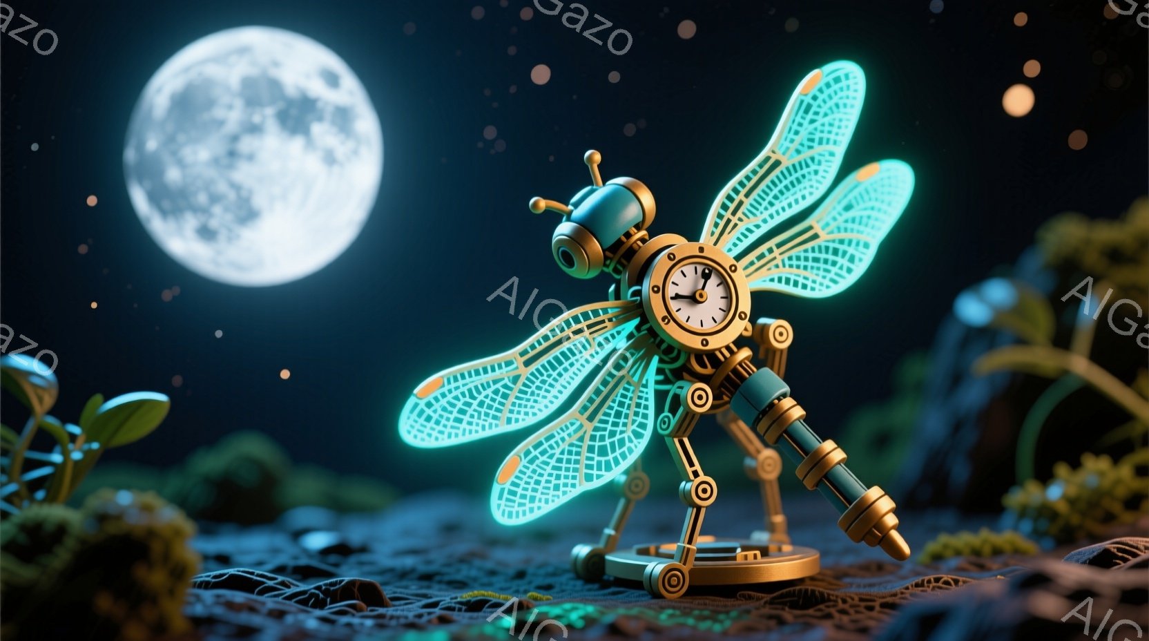 夜空を背景に、青く光るメカニカルなトンボが描かれている。複雑な歯車や金属製の構造が特徴的で、まるで時計のようなディテールが施されている。周囲には緑色の植物が生い茂り、ぼんやりとした光の中に幻想的な雰囲気が漂っている。