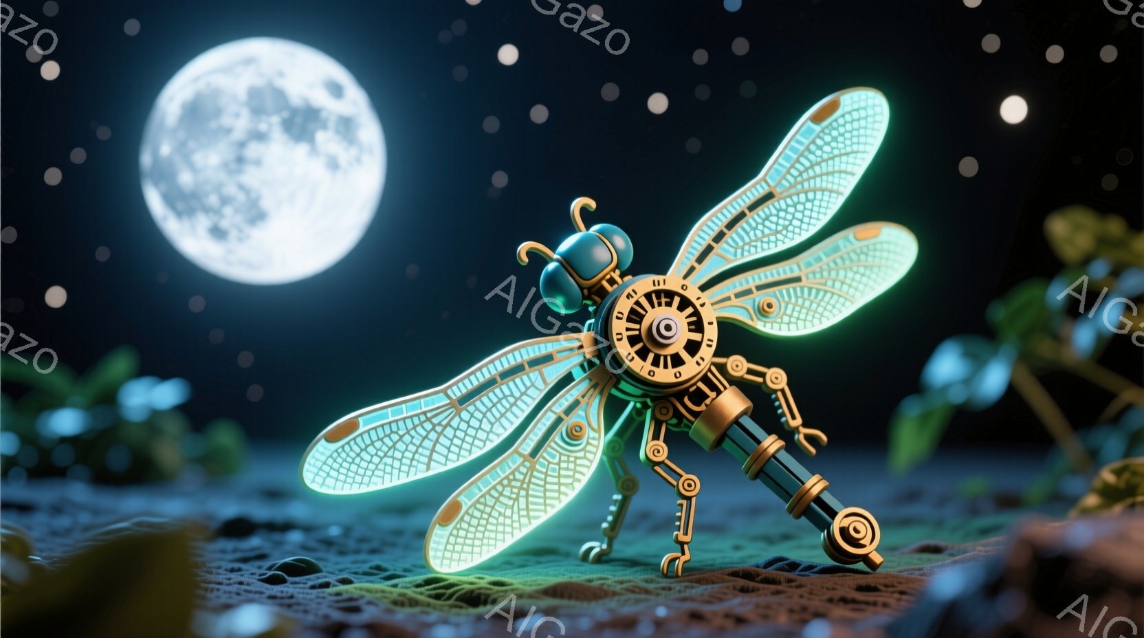 複雑な機械仕掛けのトンボが、緑色の葉の上に立っている様子を描いています。トンボの体は青緑色に光り、金属製の関節と歯車が組み合わさって精巧に作られています。背景には、ぼんやりと月の光が差し込み、暗い夜空 - AI生成フリー素材