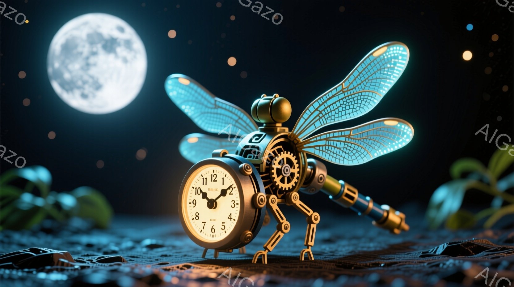 夜空を背景に、時計をモチーフにした機械仕掛けのトンボが描かれています。細部まで精巧に作られた金属製のボディと、半透明で繊細な羽が特徴的で、暗い地面の上に静止しています。月光が差し込み、幻想的で少し物悲しい雰囲気を醸し出しています。