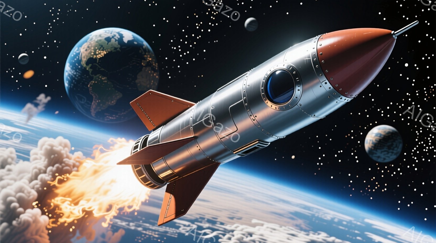 赤茶色のノズルから炎を噴き出しながら、銀色のロケットが地球を背景に宇宙空間を疾走している。地球は青と白の美しい球体で、雲が浮かび、大陸の輪郭がはっきり見える。背景には、他の惑星や星々が点在し、宇宙の広大さとロケットの壮大な冒険を表現している。