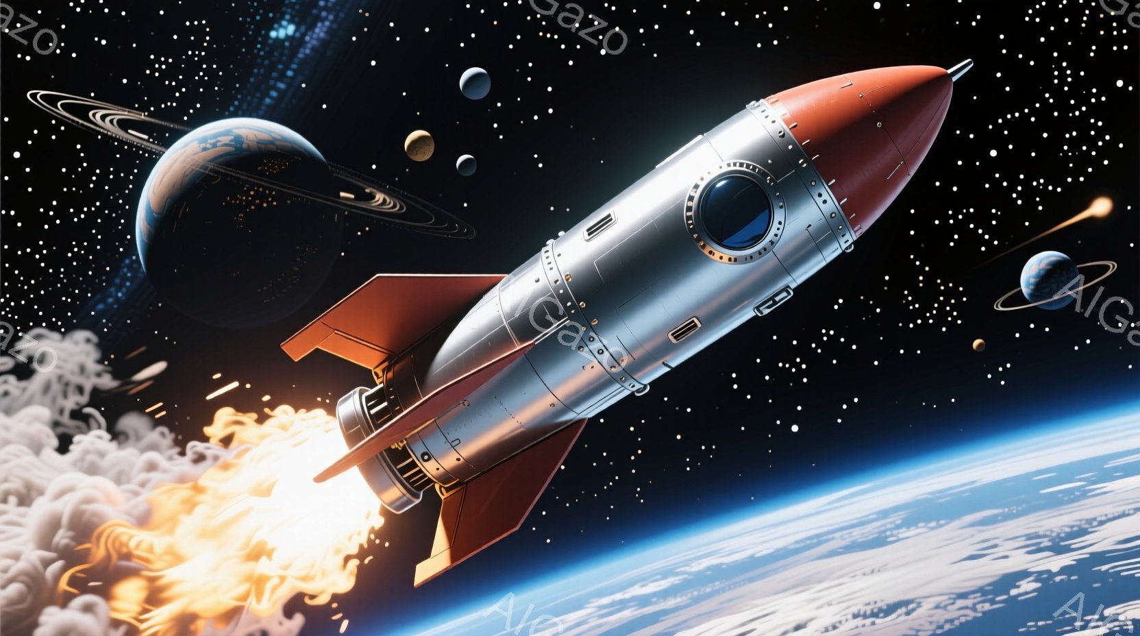 鮮やかな青い地球を背景に、未来的な赤いロケットが宇宙空間を力強く上昇している様子が描かれている。ロケットからは炎が噴出し、その周囲には白い雲が漂っている。背景には、土星のような環を持つ惑星や他の天体が点在し、壮大な宇宙空間を表現している。
