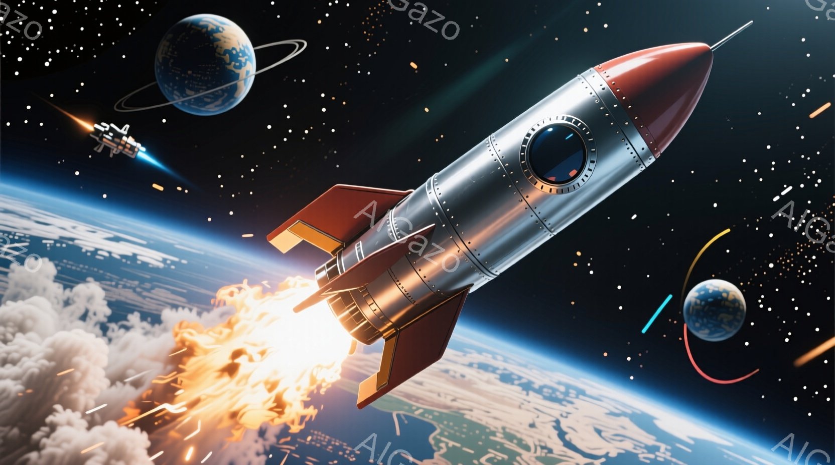 鮮やかな青い地球を背景に、赤いロケットが雲を突き抜け、炎を噴き出しながら宇宙へ向かっている様子が描かれています。ロケットは金属製の質感を持ち、地球の周りには他の惑星や人工衛星が描かれ、壮大な宇宙空間を表現しています。全体的に、希望と冒険に満ちた未来的な雰囲気が漂っています。