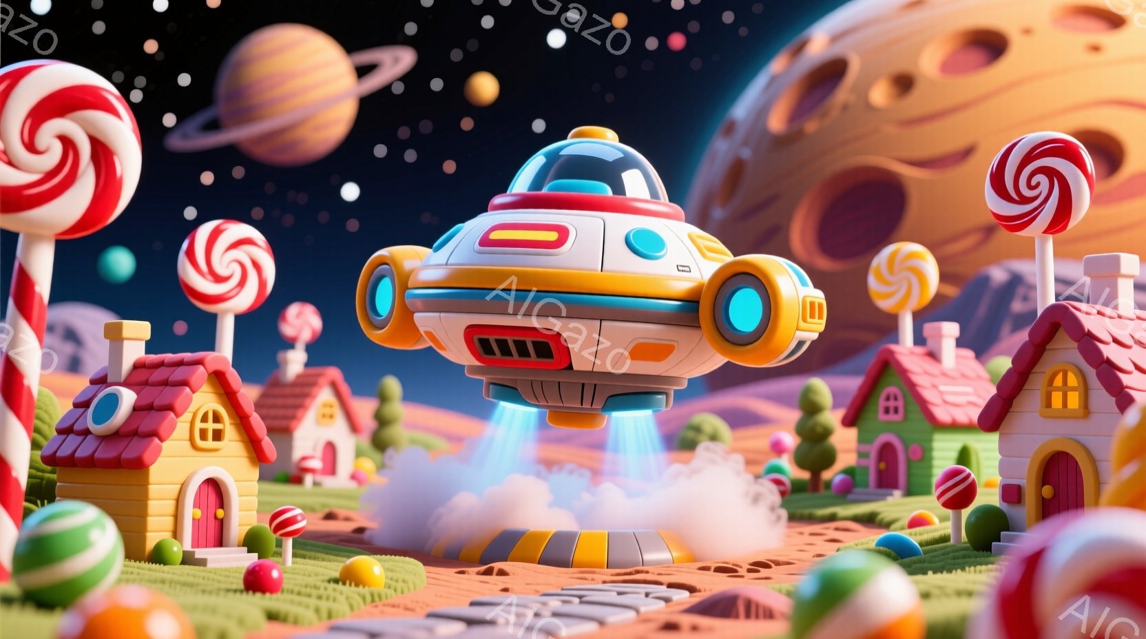 カラフルで遊び心のある風景が描かれています。お菓子のような家々が並び、キャンディが道路の脇に立っています。空には宇宙船が飛んでおり、背景には惑星が浮かび、夢のような、楽しい雰囲気が漂っています。