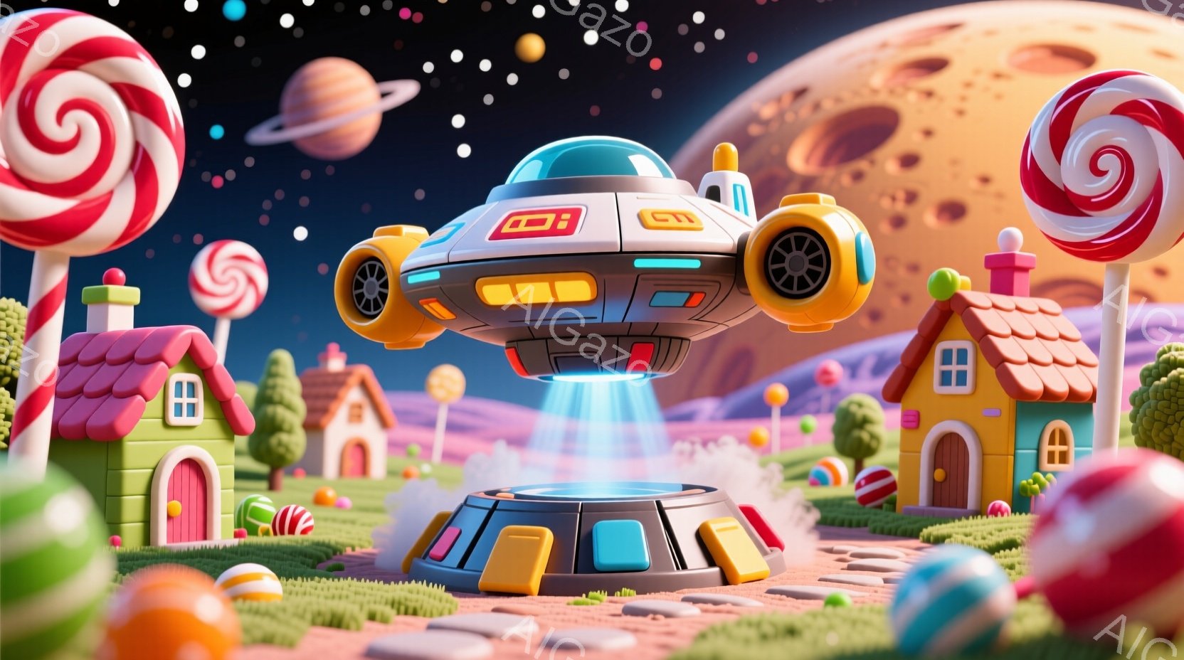 カラフルなキャンディと家々が並ぶ、夢のような世界が描かれています。空には、発光するエンジンで浮遊する未来的な宇宙船が浮かび、背景には惑星が輝いています。全体的に明るく、遊び心にあふれた、おとぎ話のような雰囲気です。