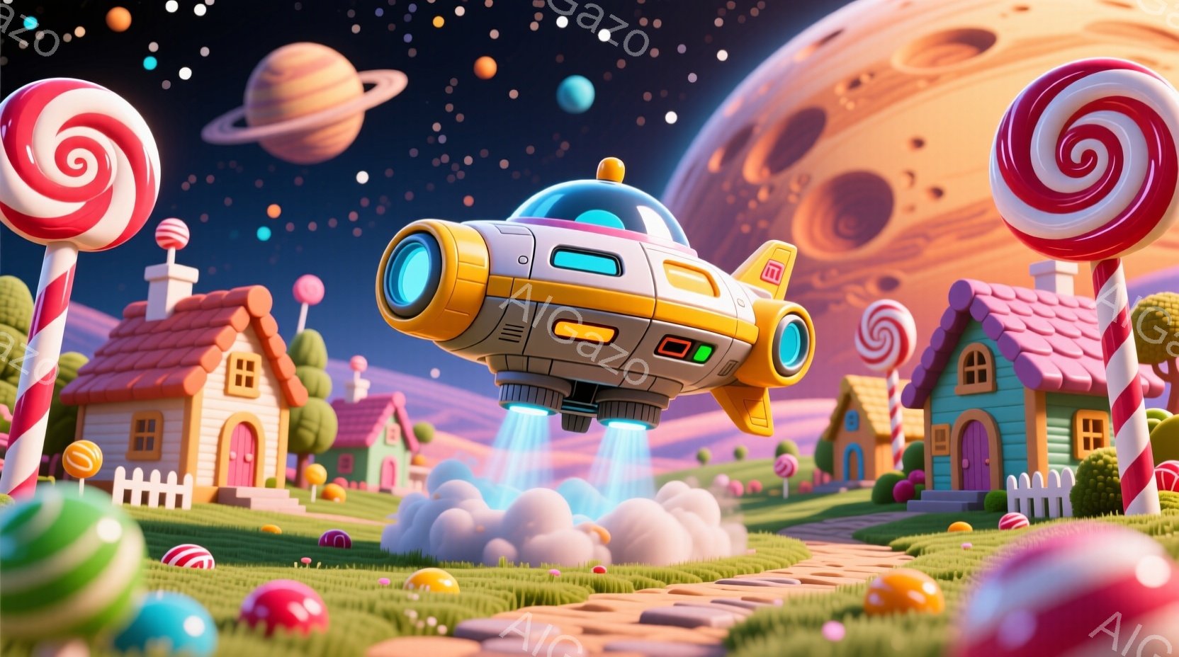 カラフルでファンタジックな風景が描かれています。ピンクやオレンジ色の家々が並び、巨大なキャンディが庭に生えています。空には、クリーム色の煙を噴き出しながら、未来的な宇宙船が飛んでおり、背景には惑星が浮かび、全体的に遊び心と夢のような雰囲気が漂っています。