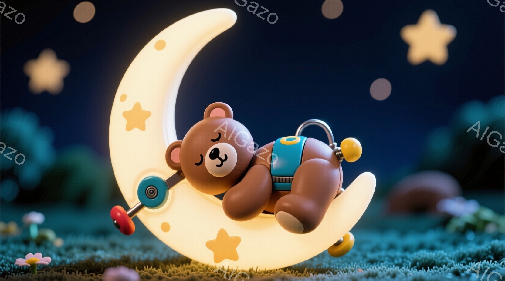 チョコレート色のテディベアが、光る三日月の上で眠っています。ベアは青いベルトで留められた赤いオーバーオールを着ており、顔は穏やかな表情をしています。背景は青い草の生えた夜空で、星が散りばめられ、穏やか - AI生成フリー素材