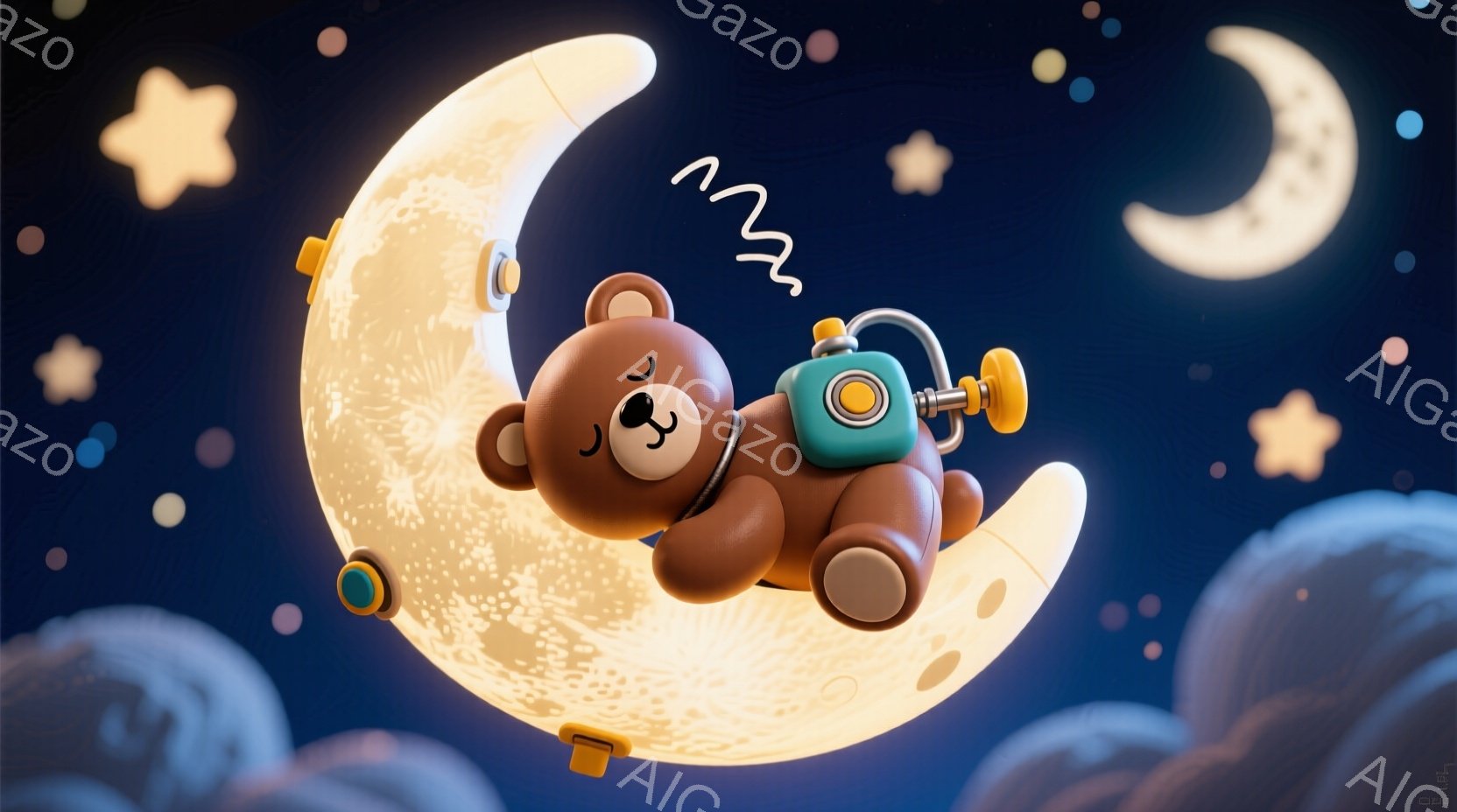 チョコレート色の可愛らしいクマが、月の上に横たわって眠っています。クマは小さなパイロット帽をかぶり、背中にはジェット推進装置のようなものがついており、夢の中で空を飛んでいるのかもしれません。背景には、星が散りばめられた暗い夜空が広がり、穏やかで幻想的な雰囲気を醸し出しています。