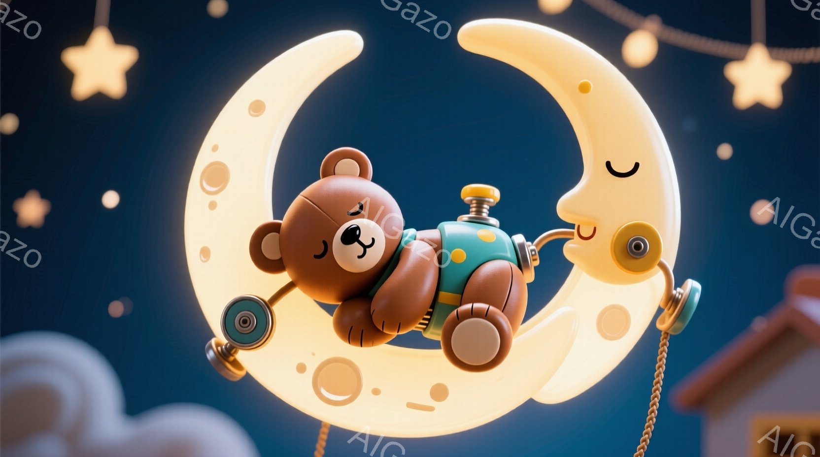 茶色いテディベアが、クリーム色の三日月の上で眠っています。ベアは水色のオーバーオールを着ており、小さな工具のようなものが取り付けられた月面車のような装置に座っています。背景は濃い青色で、たくさんの白い星と、遠くに屋根が見える小さな家があり、夢のような雰囲気が漂っています。