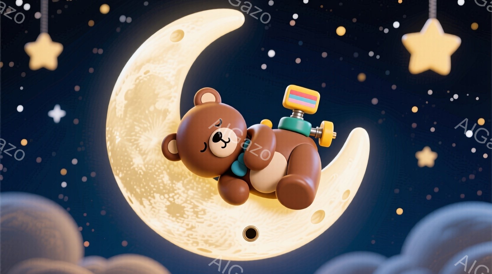 ふわふわの茶色のテディベアが、月の上に横たわって眠っています。ベアは片手に小さなロケットのような装置を持っており、月は星空と雲に囲まれています。全体的に、暖かく、夢のような、落ち着いた雰囲気です。