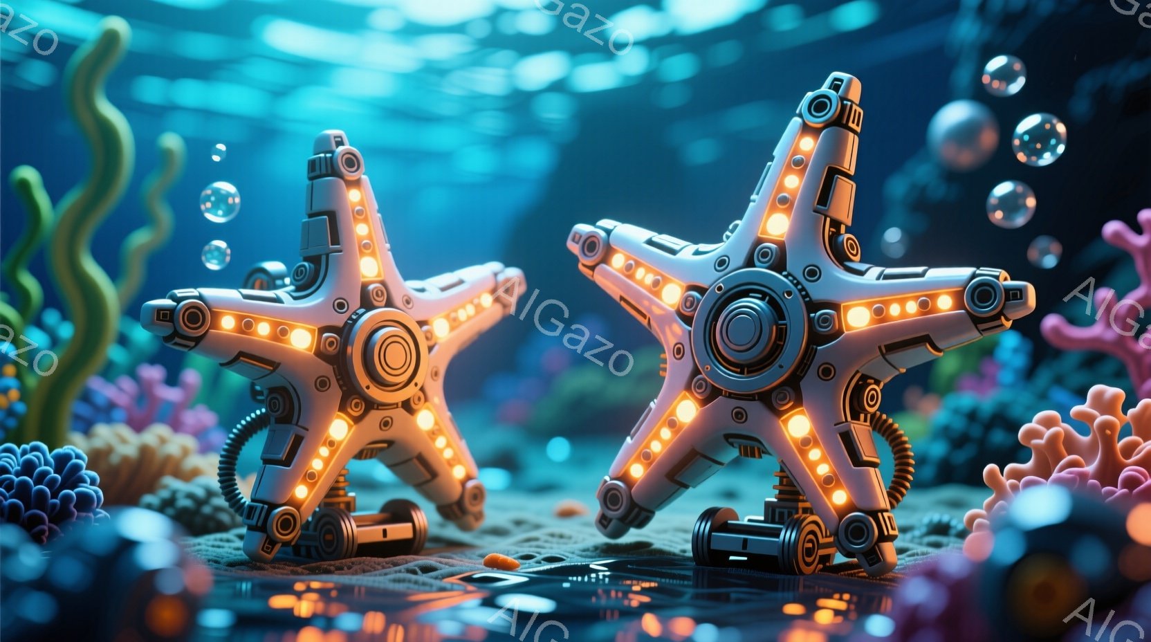 鮮やかな青い海中に、機械仕掛けのヒトデが二つ、海底の砂の上に立っている。複雑な金属製の構造を持ち、オレンジ色の光を放つ内部構造が特徴的で、周囲にはカラフルなサンゴ礁が配置されている。全体的に未来的な雰 - AI生成フリー素材
