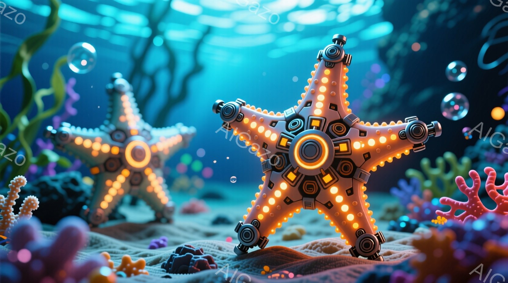 メカニカルなタコが海底に2つ描かれています。タコはオレンジ色を基調とし、中心部に光る青い円を持つ複雑な機械部品で構成されています。背景には、ピンクや紫色のサンゴ礁が点在し、水中に漂う小さな泡が幻想的な雰囲気を醸し出しています。