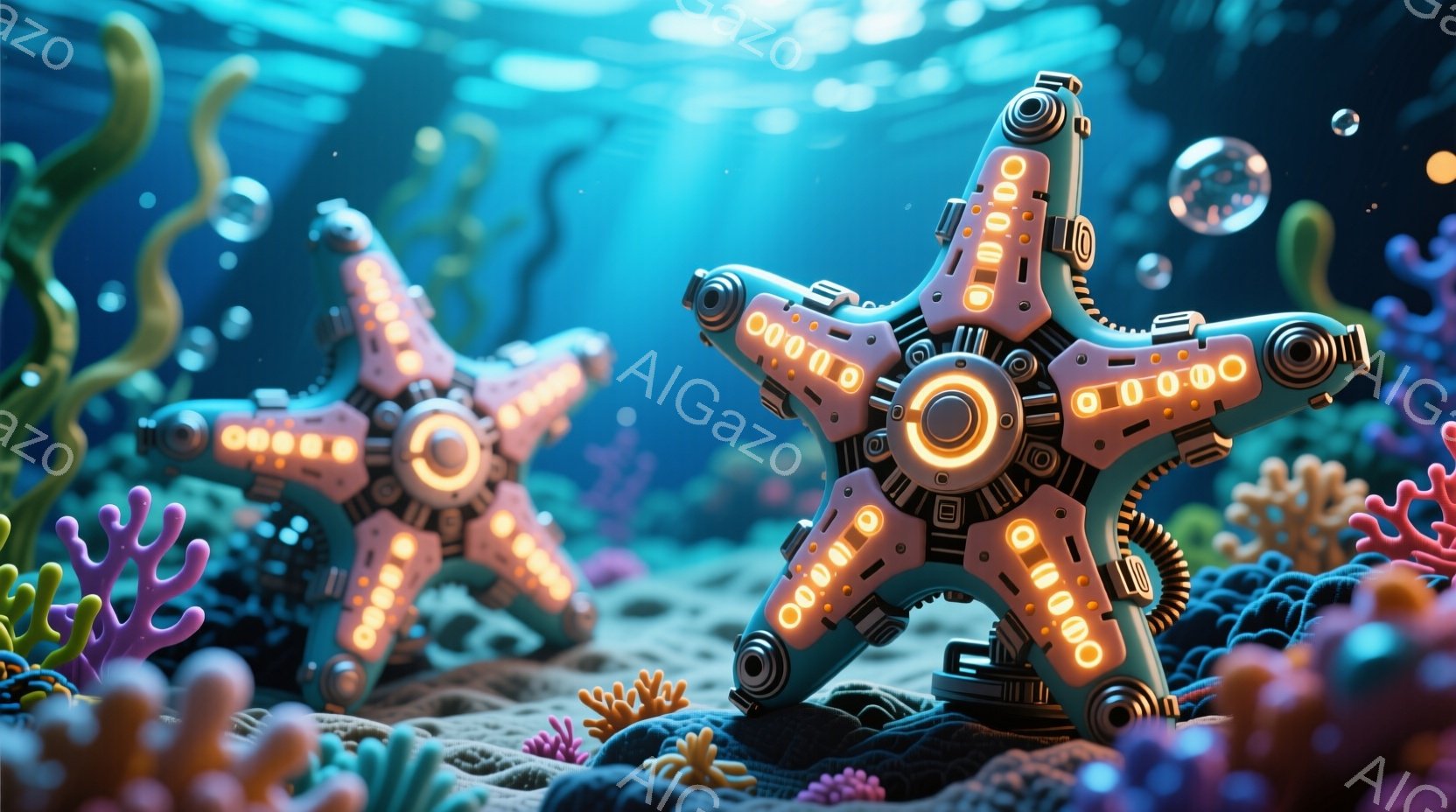 鮮やかなターコイズブルーの海底を舞台に、メカニカルなタコが二つ描かれています。それぞれのタコは、金属製の複雑な構造を持ち、オレンジ色の発光パーツがアクセントになっています。背景には、珊瑚礁や海藻が密集しており、まるで深海都市のような幻想的な雰囲気を醸し出しています。
