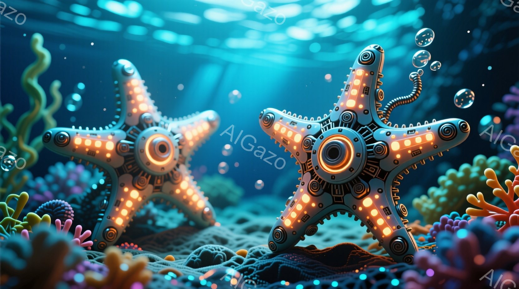 明るい青色の海底を背景に、機械仕掛けのヒトデが複数描かれています。各ヒトデは、金属製の骨格にオレンジ色の発光パーツが組み込まれており、複雑なギアや配線が露出しています。海底にはカラフルな珊瑚や海藻が生い茂り、全体的に幻想的で未来的な雰囲気を醸し出しています。