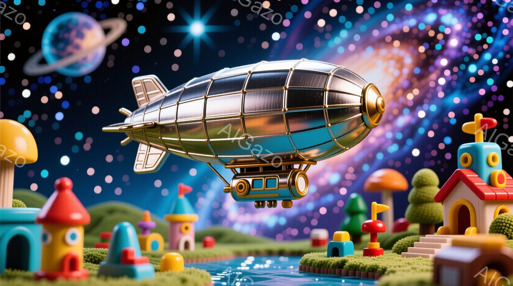 空には、金属的な質感の飛行船が浮かんでおり、鮮やかな色彩の可愛らしい家々が並ぶ村の上をゆっくりと進んでいます。村は緑豊かな草地と水路に囲まれ、まるで子供のおもちゃのようなカラフルな建築物とキノコ型の建物が特徴的です。背景には星空が広がり、まるで夢の中のような幻想的な雰囲気を醸し出しています。