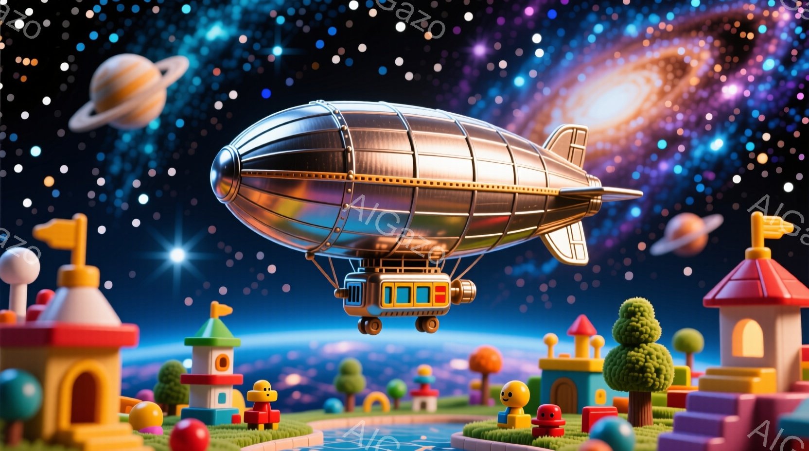 鮮やかな色彩で彩られた、おもちゃのような街並みが広がり、その上空を銀色の飛行船が飛んでいる。街には可愛らしい小さな建物や丸い木々が点在し、地面はパステルカラーのタイルで舗装されている。背景には青い地球と惑星、星屑が広がり、ファンタジックで夢のような雰囲気を醸し出している。