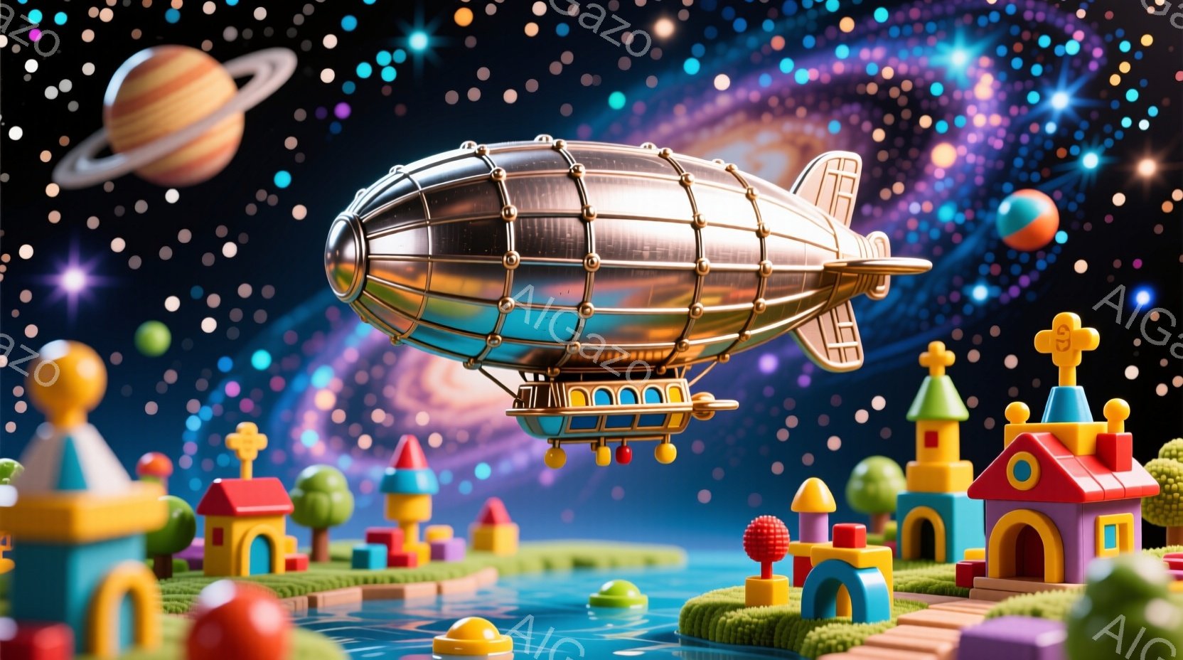 カラフルなブロックのような建物が並ぶ、夢のような風景が広がっています。空には金属製の飛行船が浮かび、背景には渦巻く星雲と土星が見えます。全体的に明るく、遊び心のある雰囲気で、子供向けのイラストレーションのようです。