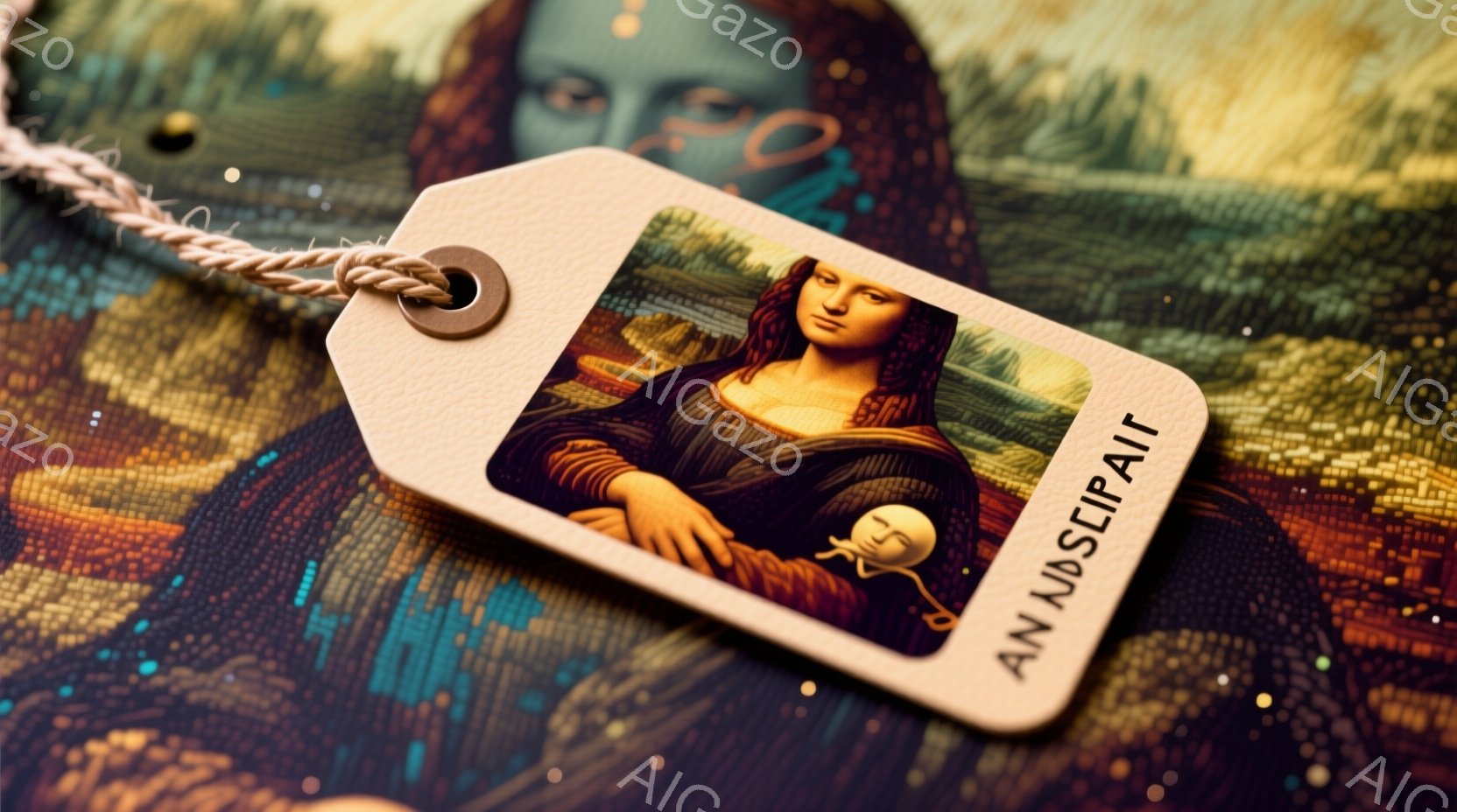 レオナルド・ダ・ヴィンチの「モナ・リザ」が描かれたタグが写っています。モナ・リザは、暗い背景を背に微笑み、ルネサンス時代の服装を身につけ、頭にはベールをかぶっています。タグは茶色で、彼女の絵画が中央に配置され、小さな白い球体が彼女の前に置かれています。