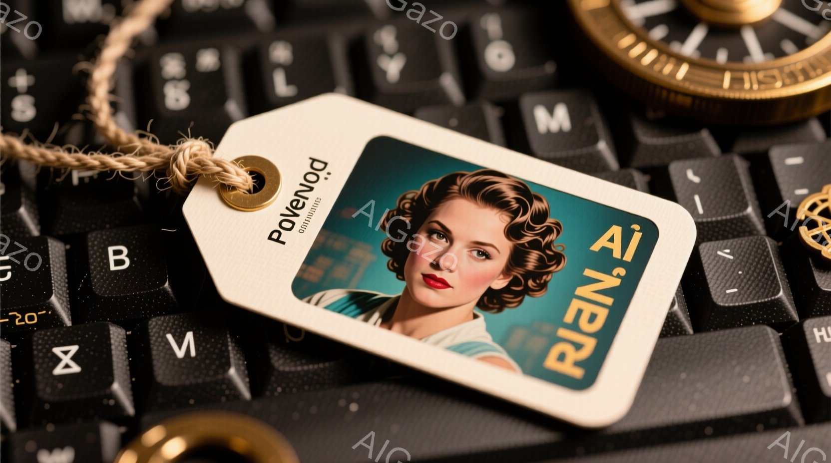 白地にレトロな女性のポートレートが描かれた紙のタグが、コンピューターキーボードの上に置かれています。女性は肩出しの白い服を着ており、赤色の口紅とカールした茶髪が特徴的です。背景には、ぼやけたキーボードと、古風なコンパスが見え、全体的にノスタルジックで少しミステリアスな雰囲気です。