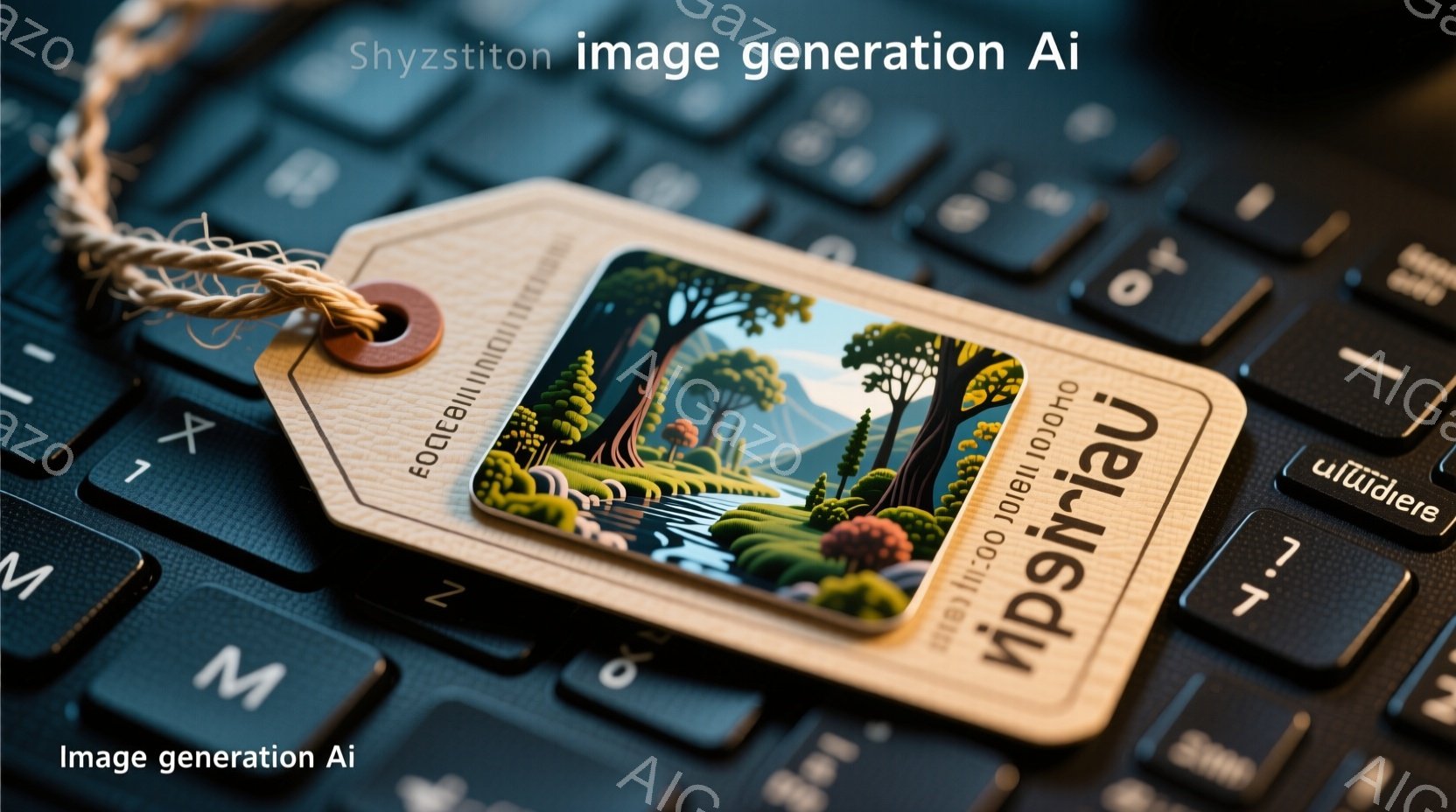 白い背景に、カラフルなイラストが描かれた茶色の紙製タグが置かれており、麻紐がタグに通されています。タグのイラストは、緑豊かな山々、木々、そして水流が描かれており、自然の風景を表しています。タグは黒いキーボードの上に置かれており、キーボードの文字とタグのイラストのコントラストが印象的です。