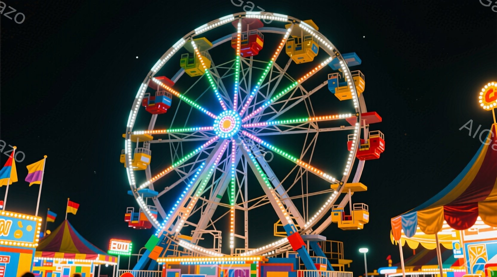 夜空に巨大な観覧車が輝いている。カラフルなゴンドラは様々な色で光り、下には賑やかな遊園地の屋台が並んでいる。全体的に活気があり、楽しい雰囲気が伝わってくる。