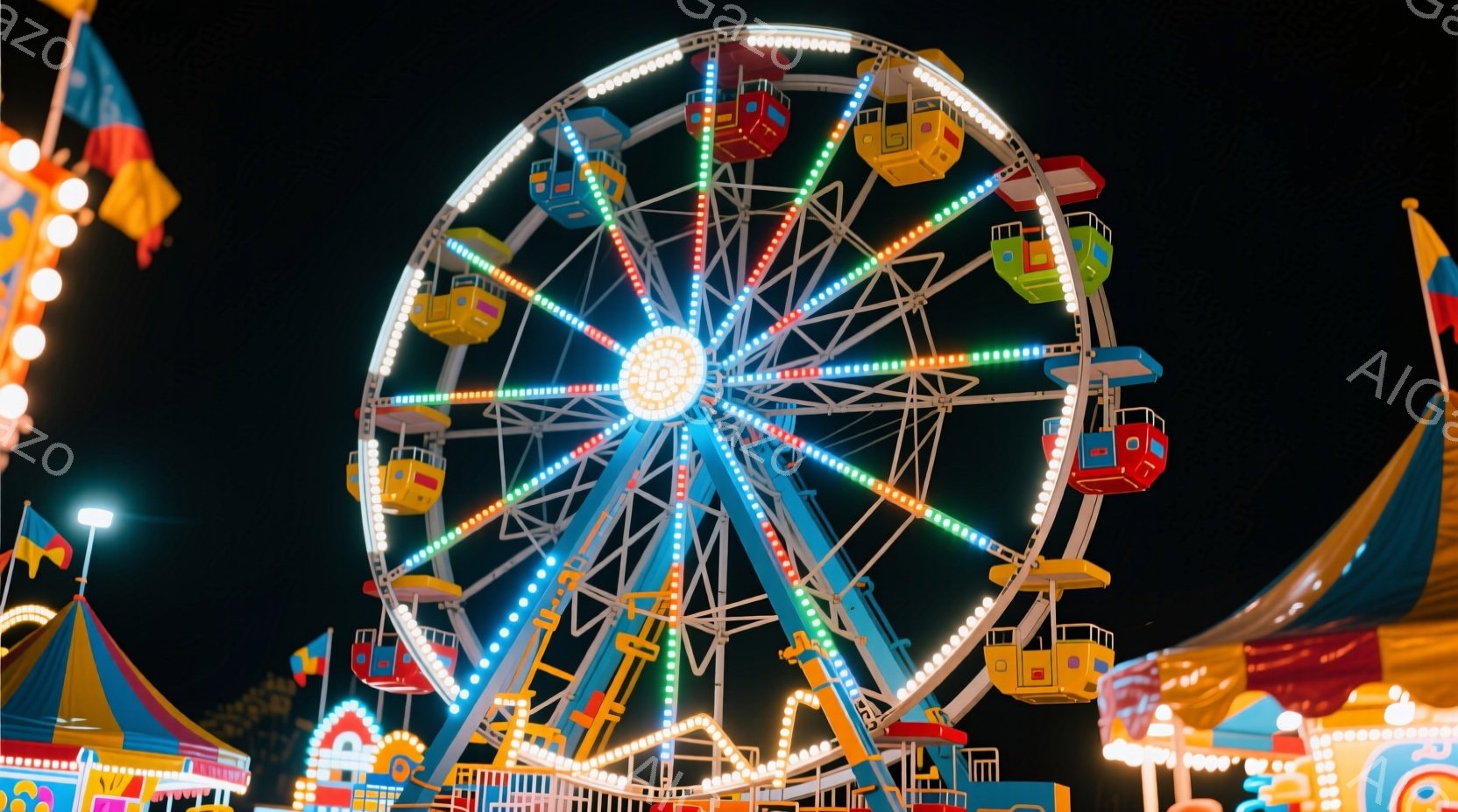 夜空に輝く観覧車が印象的な画像です。カラフルなゴンドラが青、オレンジ、緑などの色でライトアップされ、まるで宝石のように夜空を彩っています。背景には、他の遊園地の建物やテントが見え、活気あふれるお祭りの - AI生成フリー素材