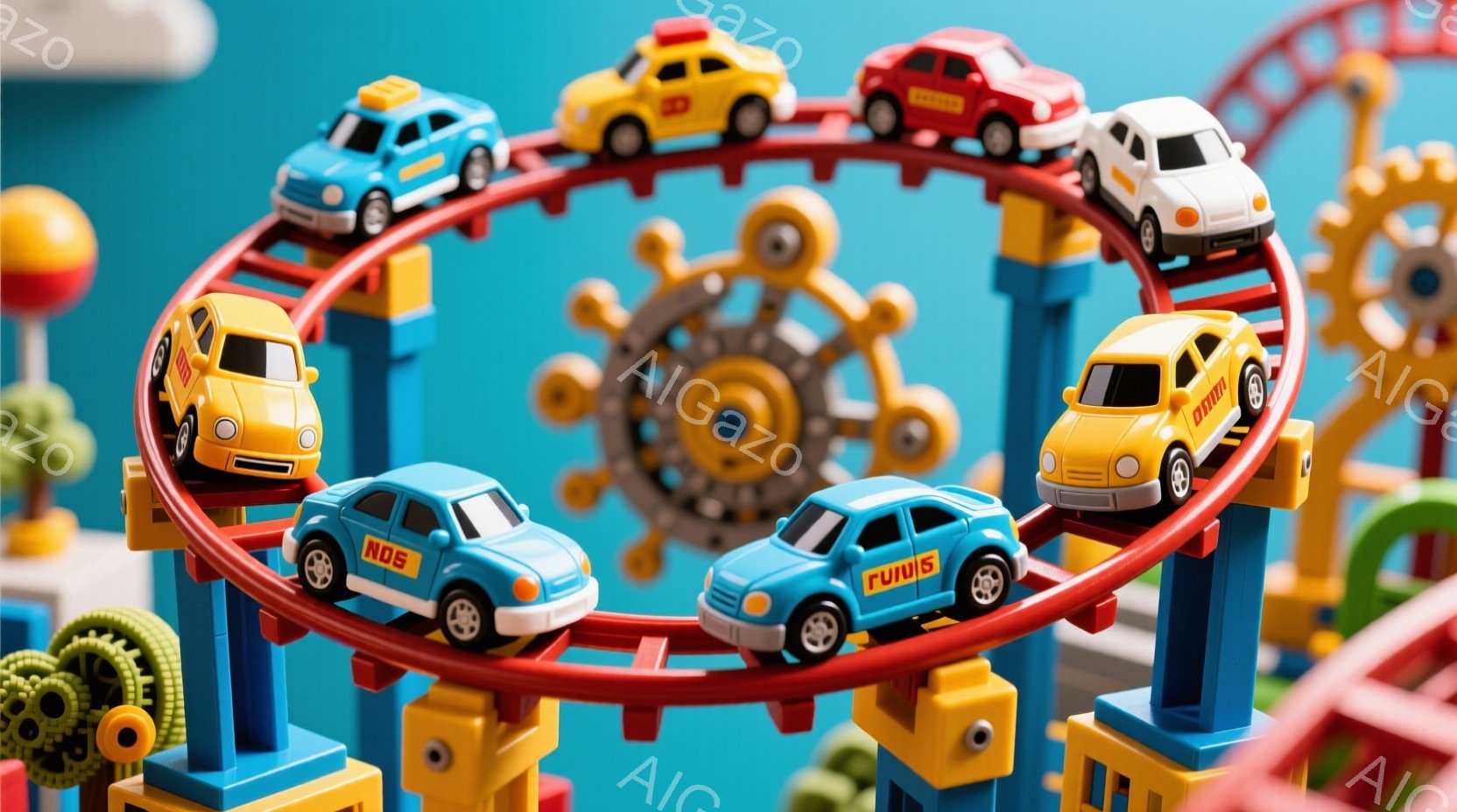 トイカーのレンガと車両を使って作られた模型の絵遊びです。模型には各種の車両が乗り物で表現され、それらは複数のレンガと車両を組み合わせて作られました。 人形は用いられておらず、この場合には「人物の服装」が適切でないです。 背景は非常にシンプルであり、様々な車両が青色の模型道路を通過している印象を与えます。