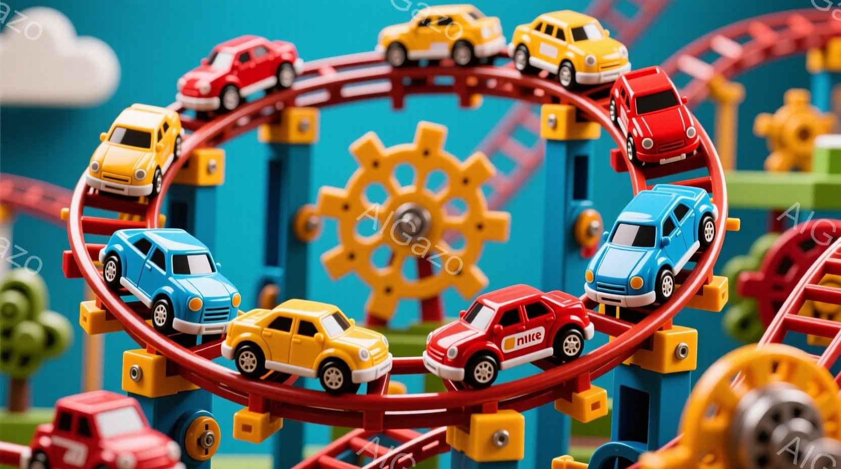 カラフルな玩具のローラーコースターの画像です。赤、黄、青のミニカーがコースターを走っており、大きな歯車やカラフルなパーツが背景にあります。全体的に明るく楽しい雰囲気で、子供向けの遊園地を思わせます。