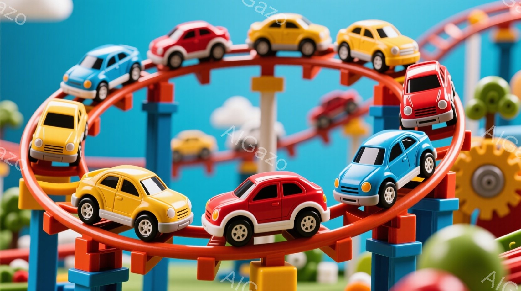 カラフルな曲線状のレールの上を、黄色、赤、青のミニカーが走行している様子が描かれています。レールはブロックで支えられており、背景には緑の植物や白い雲が描かれ、明るく楽しい雰囲気を作り出しています。全体的に、子供向けの玩具のプロモーション写真のような印象です。