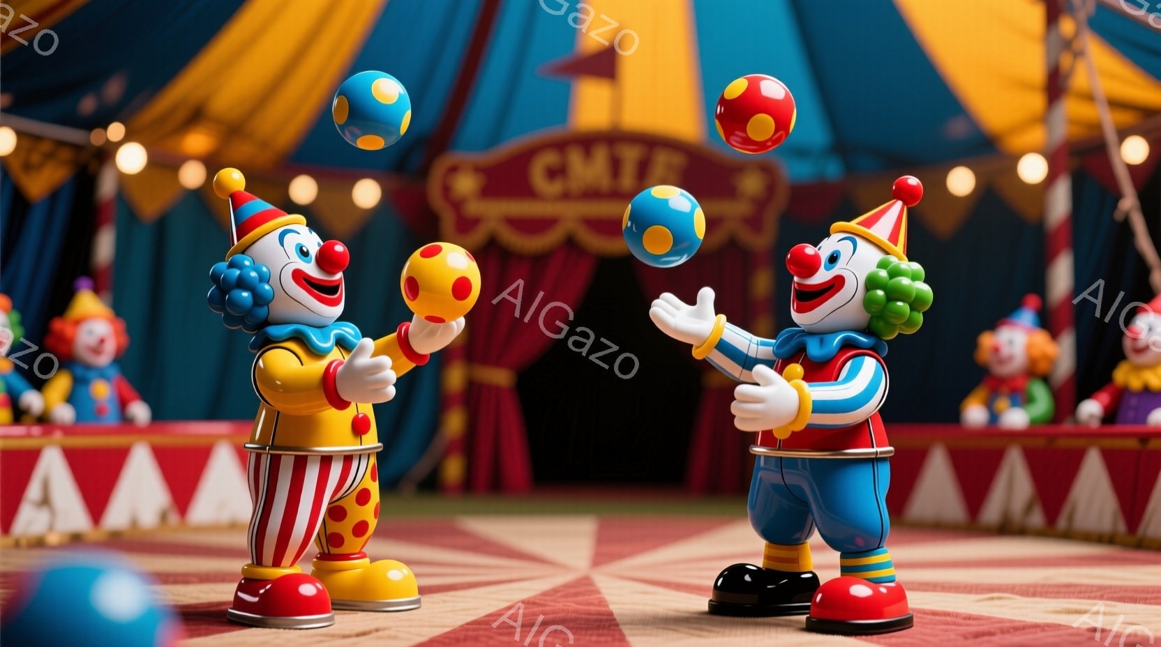 見本市のような背景の前で、二体のカラフルなピエロの置物が描かれています。片方のピエロは赤、オレンジ、黄色の衣装を着て、もう片方のピエロは青と赤の衣装を着ており、それぞれ手にボールを持ってジャグリングをしているようなポーズをとっています。背景には赤いカーテンと観客席があり、明るい照明がピエロたちを照らし、陽気で楽しい雰囲気を醸し出しています。
