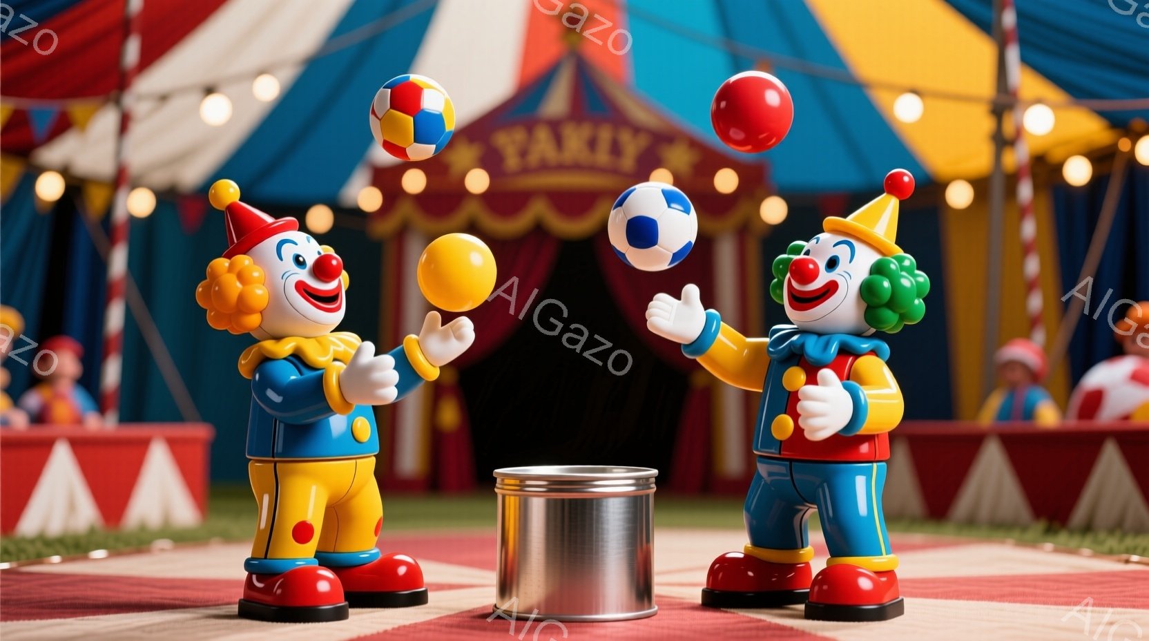 左右に配置された2体のピエロのおもちゃが写っている。ピエロはそれぞれ赤、青、黄色のカラフルな衣装を身につけ、赤い髪の毛と笑顔の表情をしている。背景にはサーカスのテントと観客席が見え、中央には銀色の缶が - AI生成フリー素材