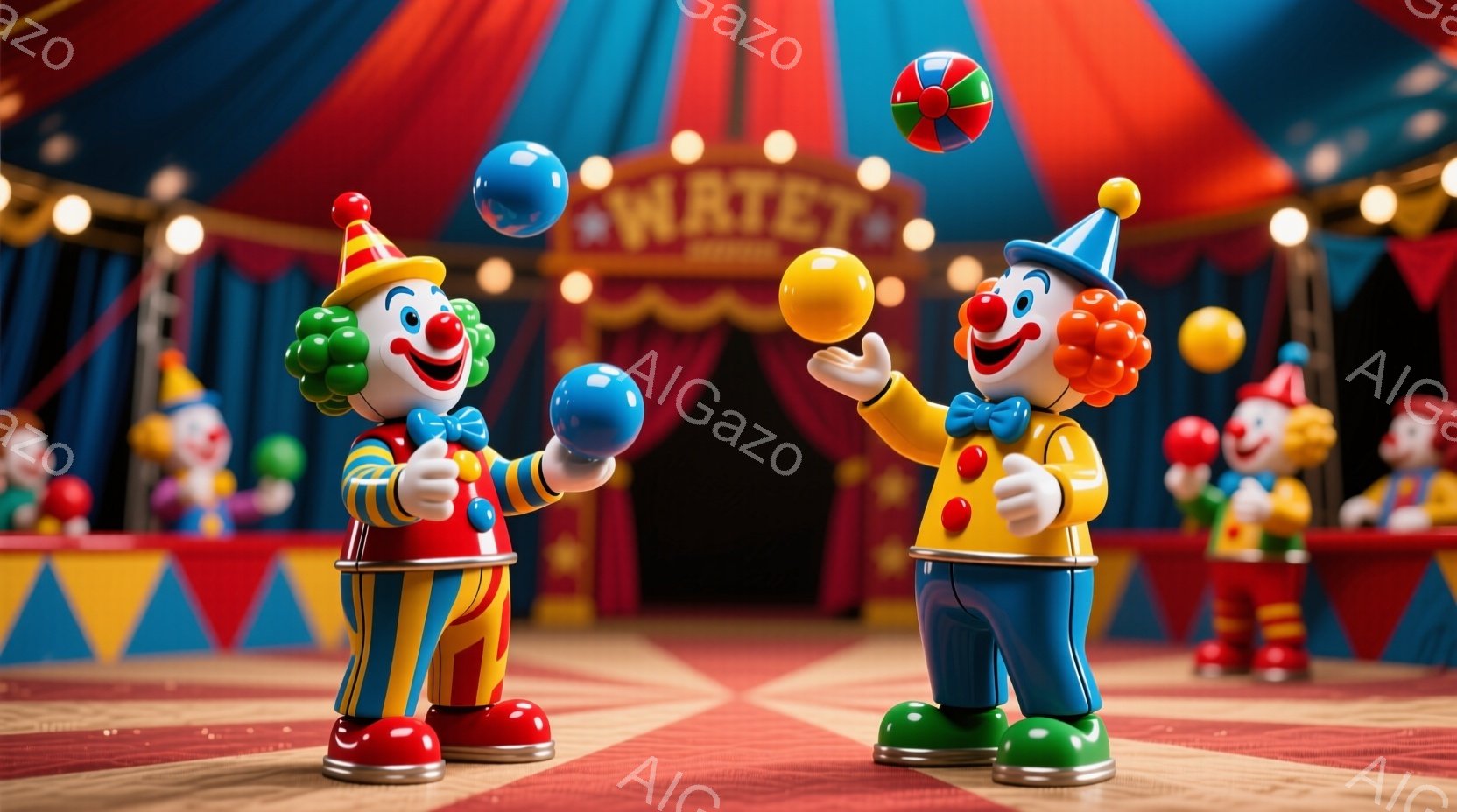 鮮やかな色のピエロが2人、サーカスの舞台上でポーズをとっています。彼らはそれぞれ、青と黄色のストライプの衣装に、大きな赤い靴を履き、カラフルなフリルカラーと蝶ネクタイをつけています。背景には他のピエロの人形が並び、赤いテントと舞台の照明が賑やかな雰囲気を作り出しています。