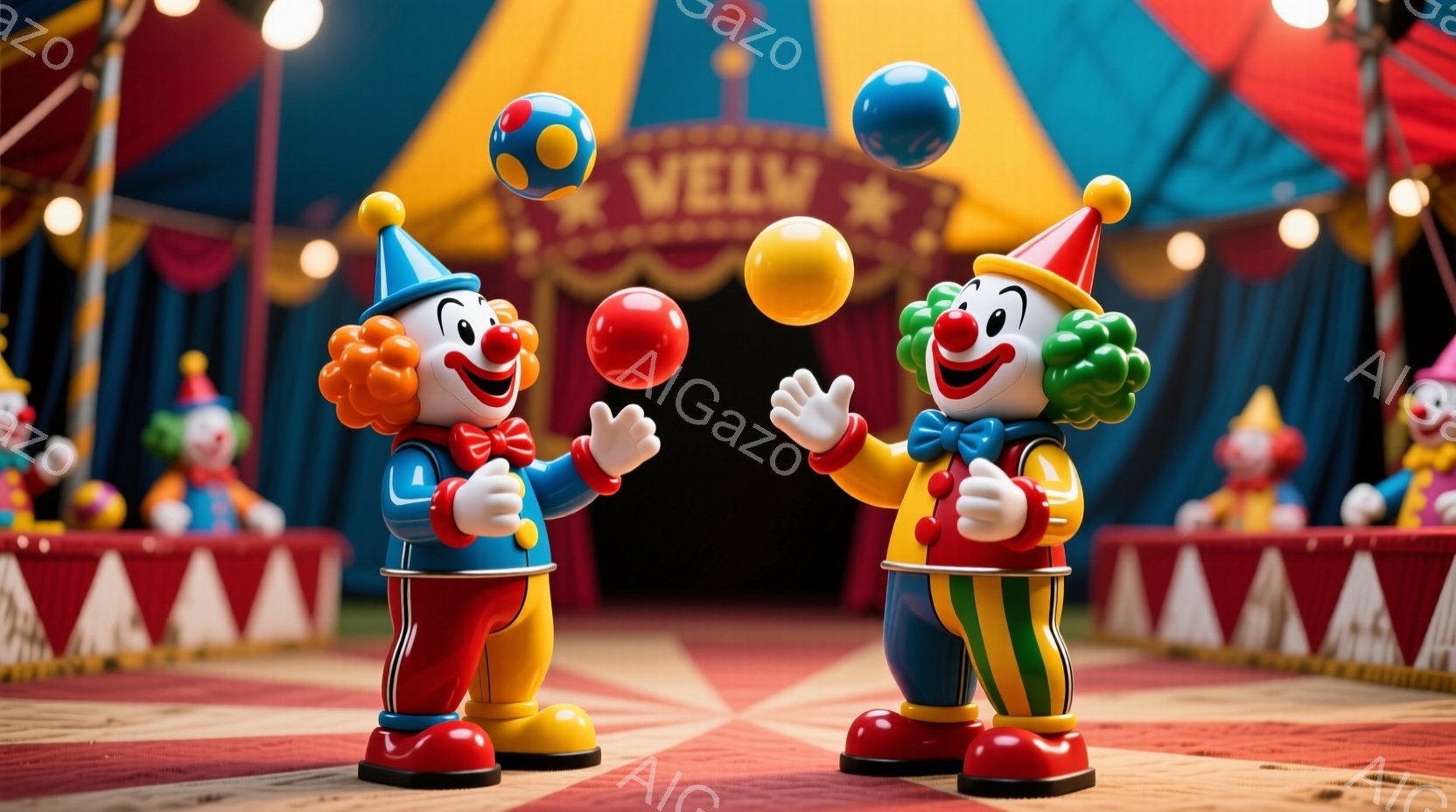 鮮やかなサーカス会場で、二人のピエロが笑顔でポーズをとっています。彼らは、赤、青、黄色を基調としたカラフルな衣装を身につけ、フリル付きの襟と大きな赤い靴が特徴的です。背景には、赤い模様のテントと他のピ - AI生成フリー素材