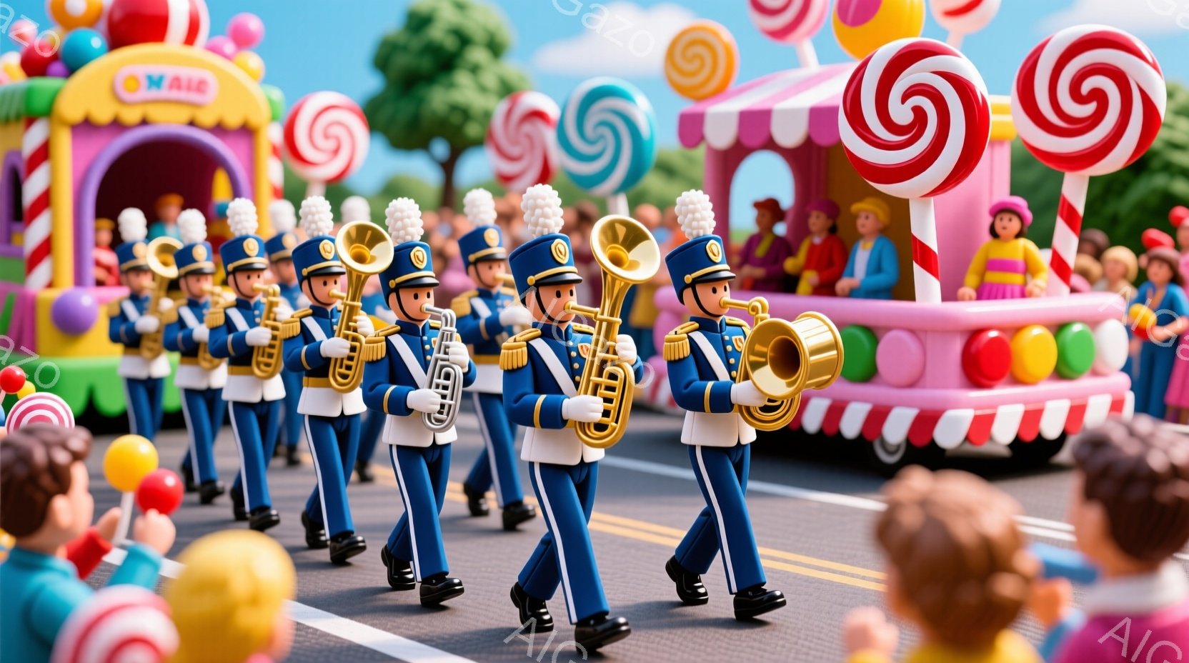 真っ赤な制服を着た兵隊のような男たちが、金色の楽器を手に、整列して行進している。背景には、カラフルなキャンディやアイスクリームが装飾された遊園地のような建物があり、お祭り騒ぎの賑やかな雰囲気が漂っている。全体的に、おもちゃのような可愛らしい世界観で、夢のような光景が広がっている。